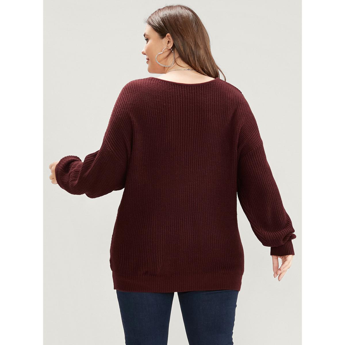 Plus Size Solid Pointelle Knit Surplice Neck Cable Knit Top Scarlet Women Elegant Loose Long Sleeve Overlap Collar Dailywear Pullovers BloomChic 12/L Product Image
