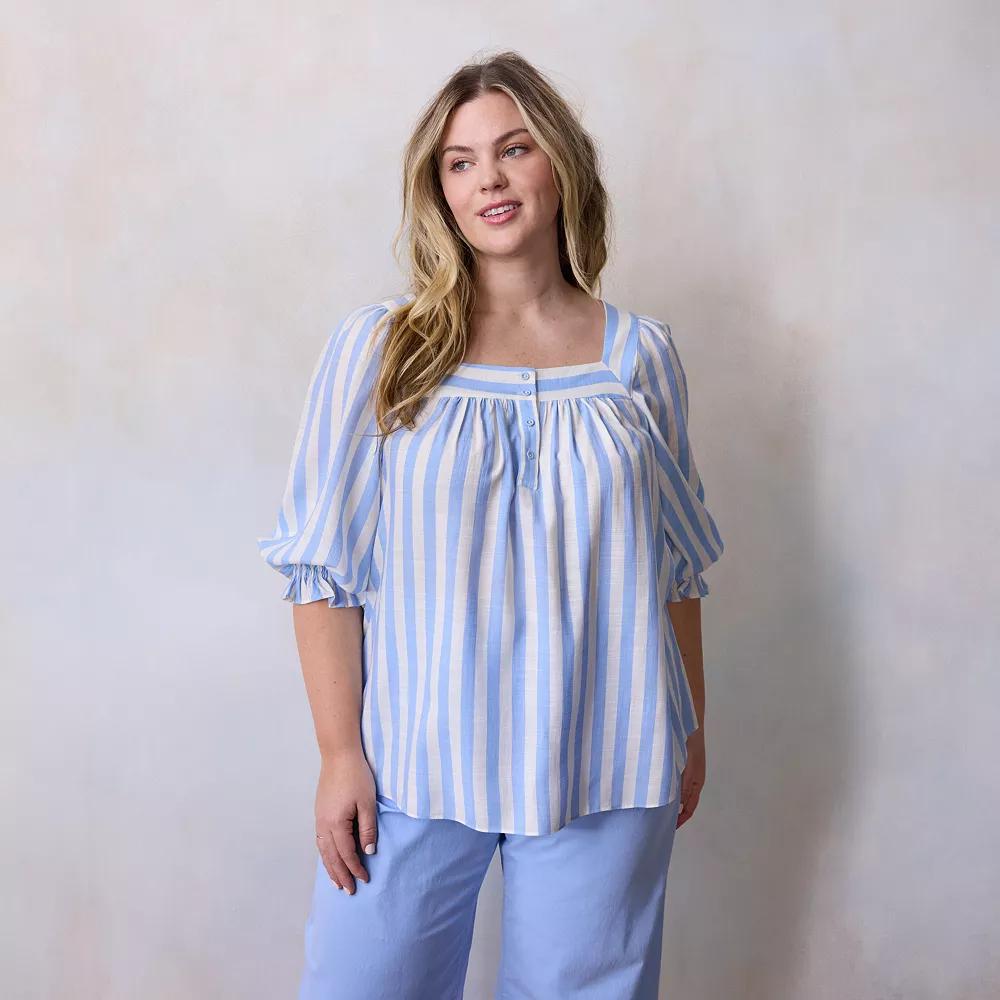 Plus Size LC Lauren Conrad Henley Square Neck Peasant Top, Women's, Size: 2XL, Chandail Stripe Product Image