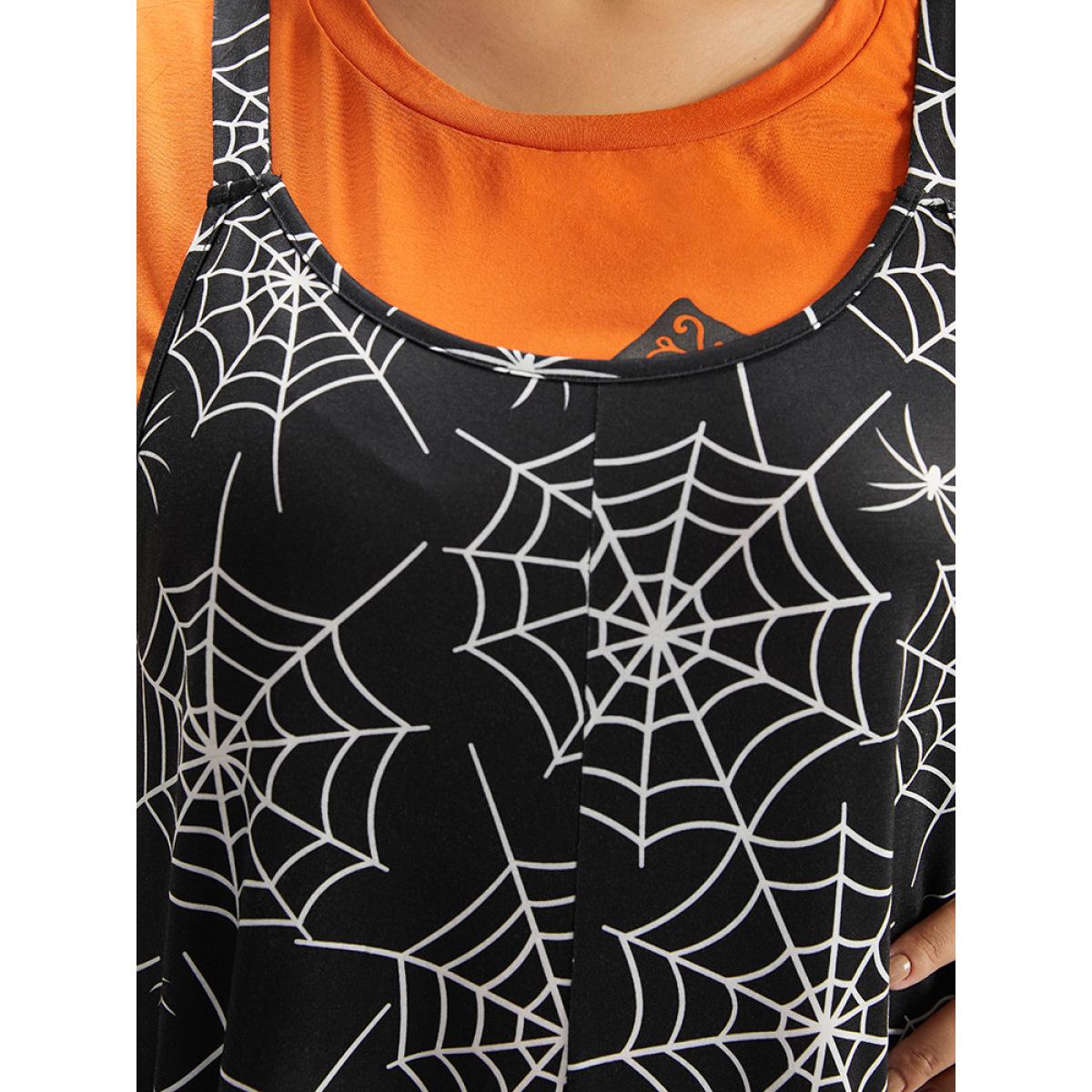 Plus Size DarkGreen Halloween Spider Web Print Pocket Overall Cami Jumpsuit Women Casual Sleeveless Spaghetti Strap Festival-Halloween Loose Jumpsuits BloomChic 22-24/3X Product Image
