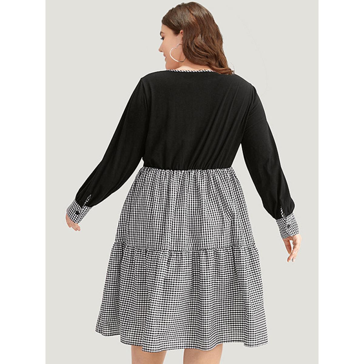 Plus Size Notched Drawstring Gingham Patchwor Dress Black Women Casual Patchwork Notched collar Long Sleeve Curvy Midi Dress BloomChic 18-20/2X Product Image