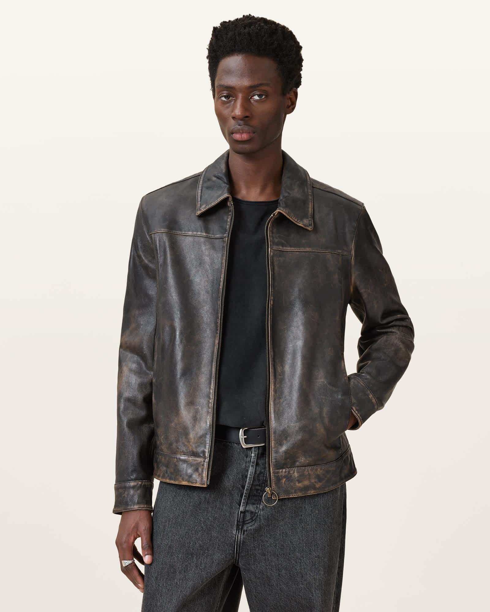 Alkan Zip Up Two Tone Leather Jacket Vintage Black | ALLSAINTS US Product Image