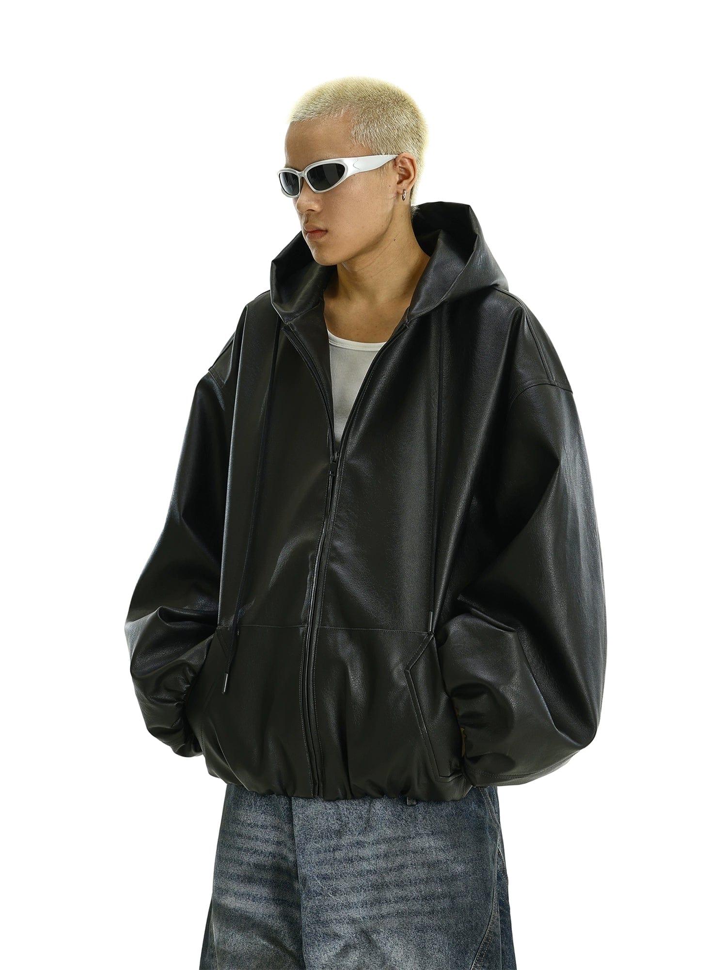 RT No. 11623 BLACK HOODED PULL LEATHER JK Product Image