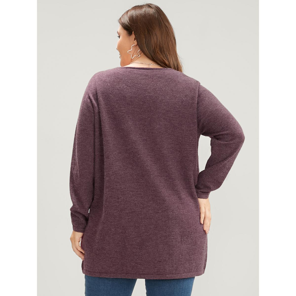 Plus Size Solid Pointelle Knit V Neck Heather Knit Top Russet Women Casual Loose Long Sleeve V-neck Dailywear Pullovers BloomChic 22-24/3X Product Image
