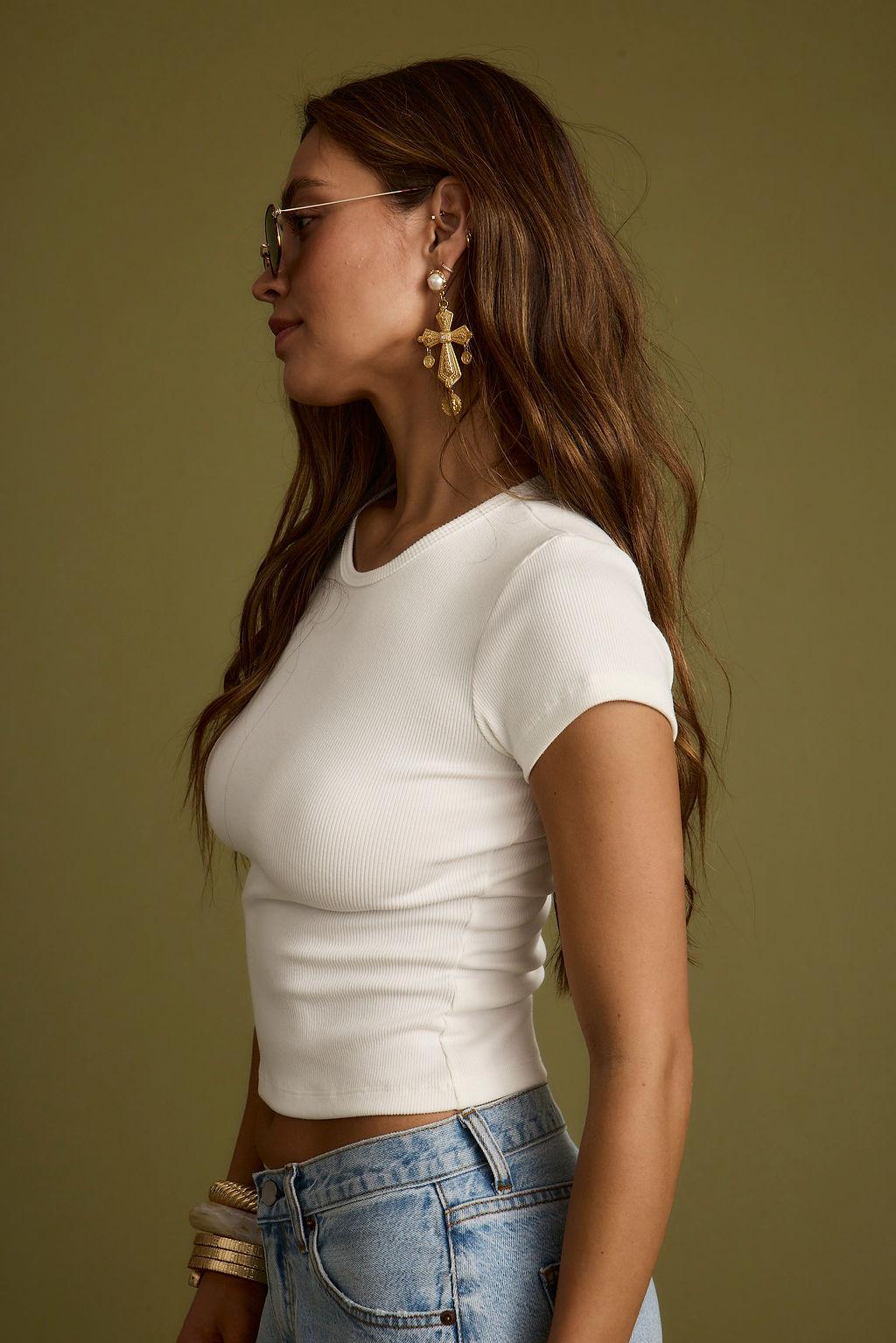 Abby White Ribbed Crew Neck Tee Product Image