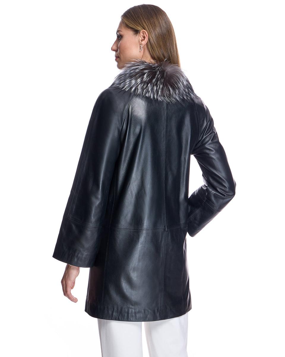 Leather Coat with Silver Fox Collar Product Image
