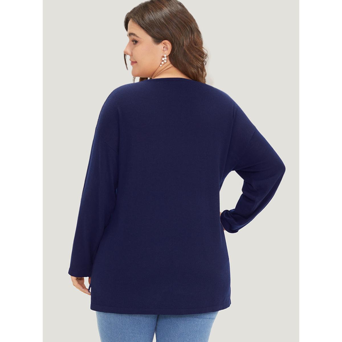 Plus Size Supersoft Essentials Solid Split Side Patchwork Pullover Indigo Women Casual Long Sleeve Round Neck Dailywear Pullovers BloomChic 10/M Product Image