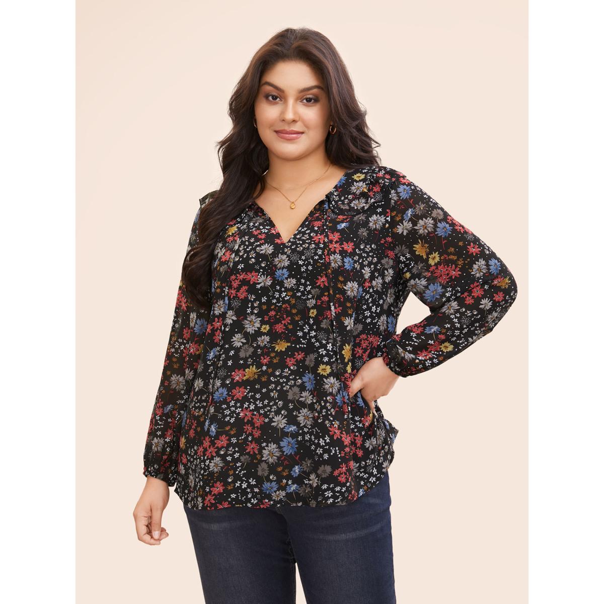 Plus Size Black Chiffon Floral Tie Knot Ruffle Trim Blouse Women Elegant Long Sleeve V-neck Everyday Blouses BloomChic 22-24/3X Product Image