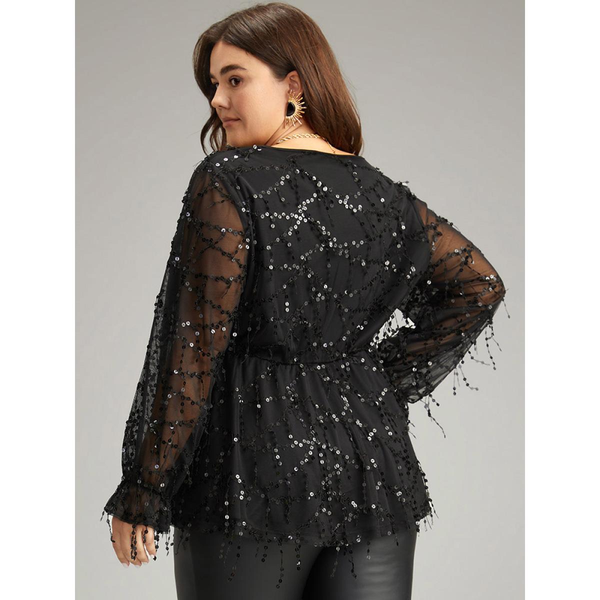 Plus Size Black Halloween Sequin Mesh Elastic Waist Patchwork Blouse Women Glamour Long Sleeve V-neck Festival-Halloween Blouses BloomChic 22-24/3X Product Image