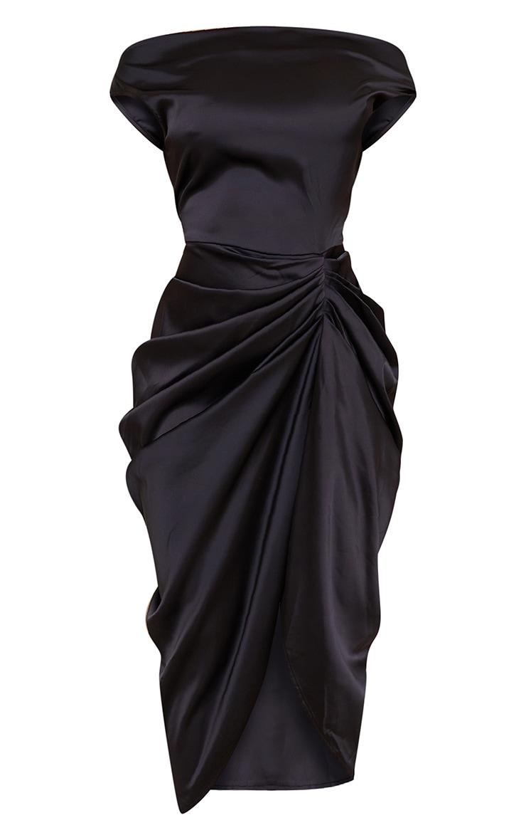Black Satin Off The Shoulder Draped Skirt Midi Dress Product Image