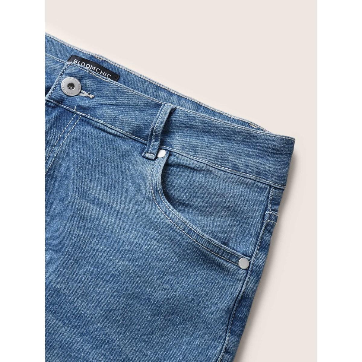 Plus Size Very Stretchy High Rise Dark Wash Denim Shorts Women Blue Casual Plain High stretch Slanted pocket Jeans BloomChic 14/1X Product Image