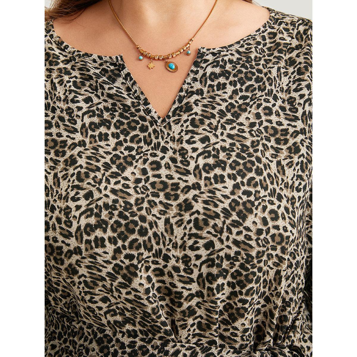 Plus Size Leopard Print Belted Notched Pocket Dress Leopard Women Vacation Belted Notched collar Elbow-length sleeve Curvy Knee Dress BloomChic 30/6X Product Image