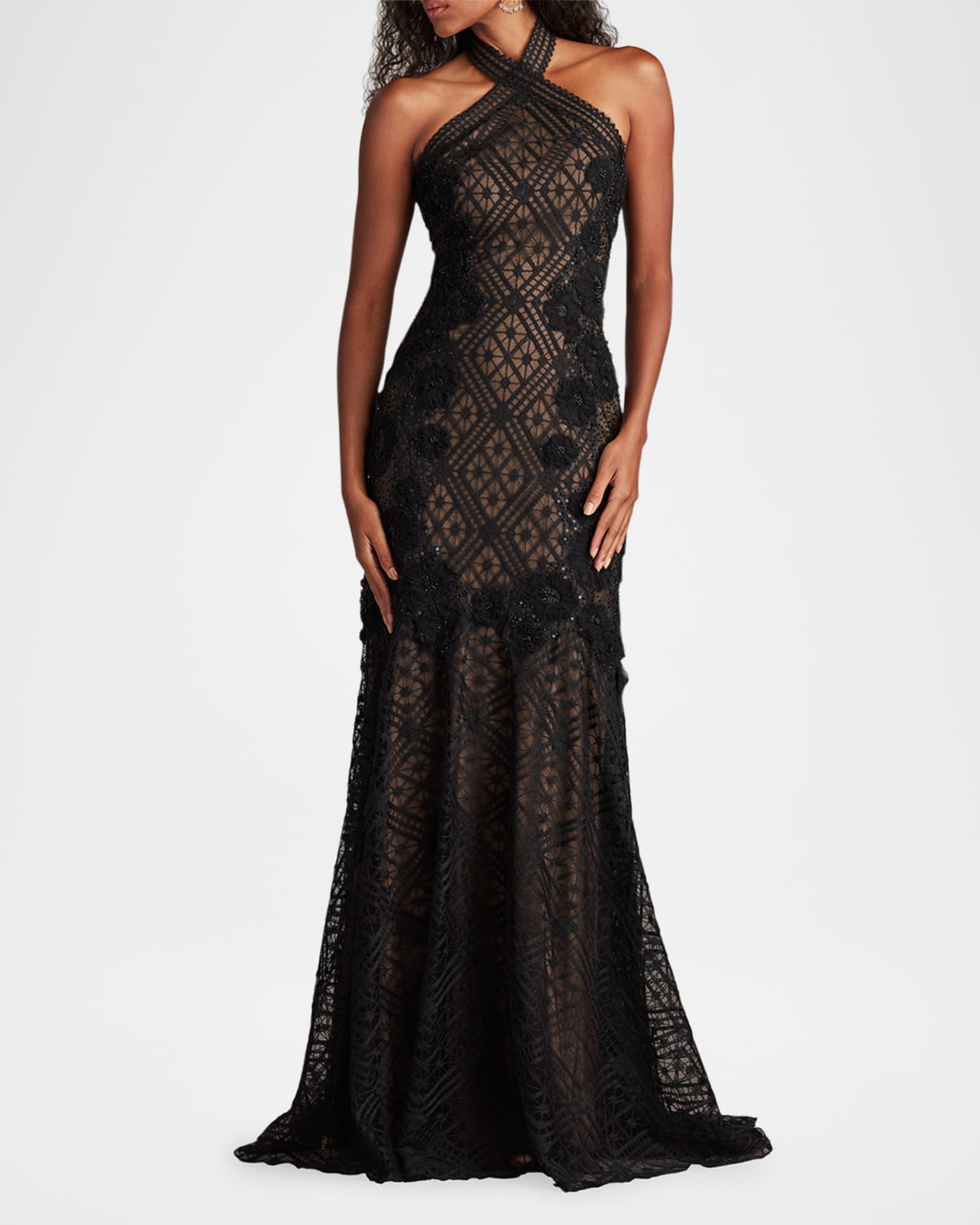 Beaded Floral Applique Lace Halter Gown Product Image