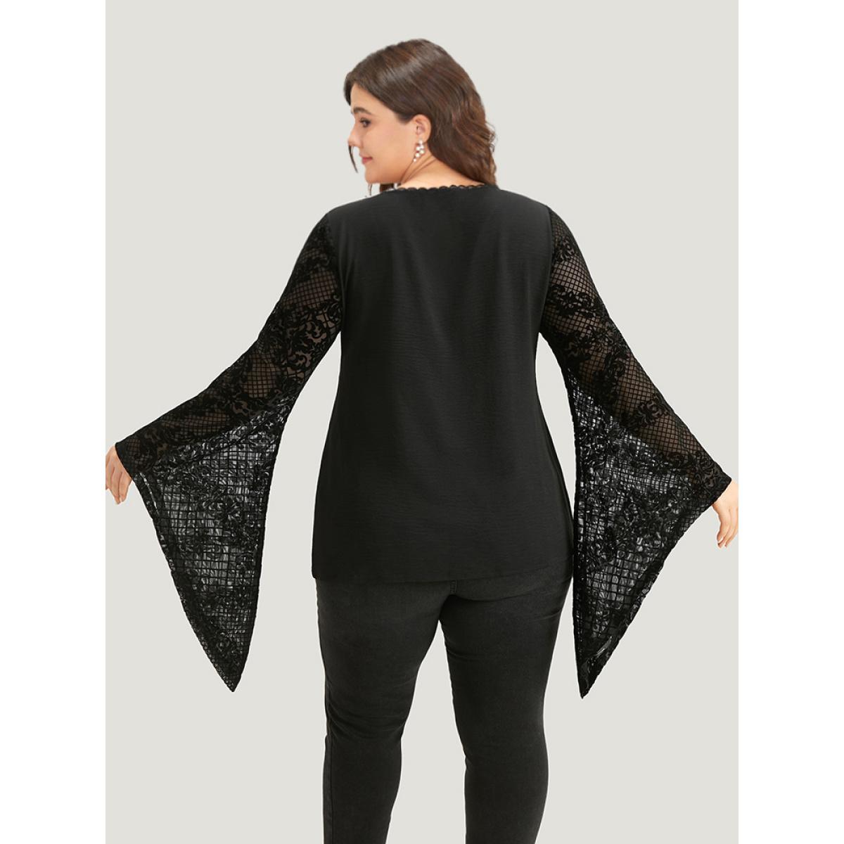 Plus Size Black Halloween Floral Eyelet Lace Mesh Bell Sleeve Blouse Women Elegant Long Sleeve Square Neck Festival-Halloween Blouses BloomChic 10/M Product Image