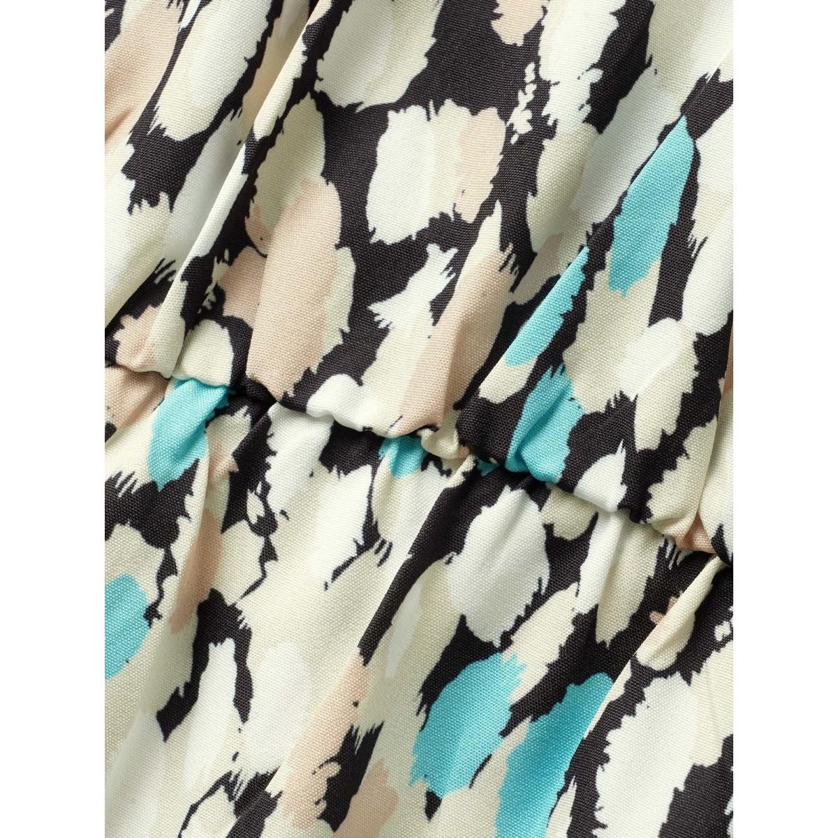 Plus Size V Neck Allover Print Ruffle Cap Sleeve Dress LightBlue Women At the Office Ruffles V-neck Cap Sleeve Curvy BloomChic 18-20/2X Product Image