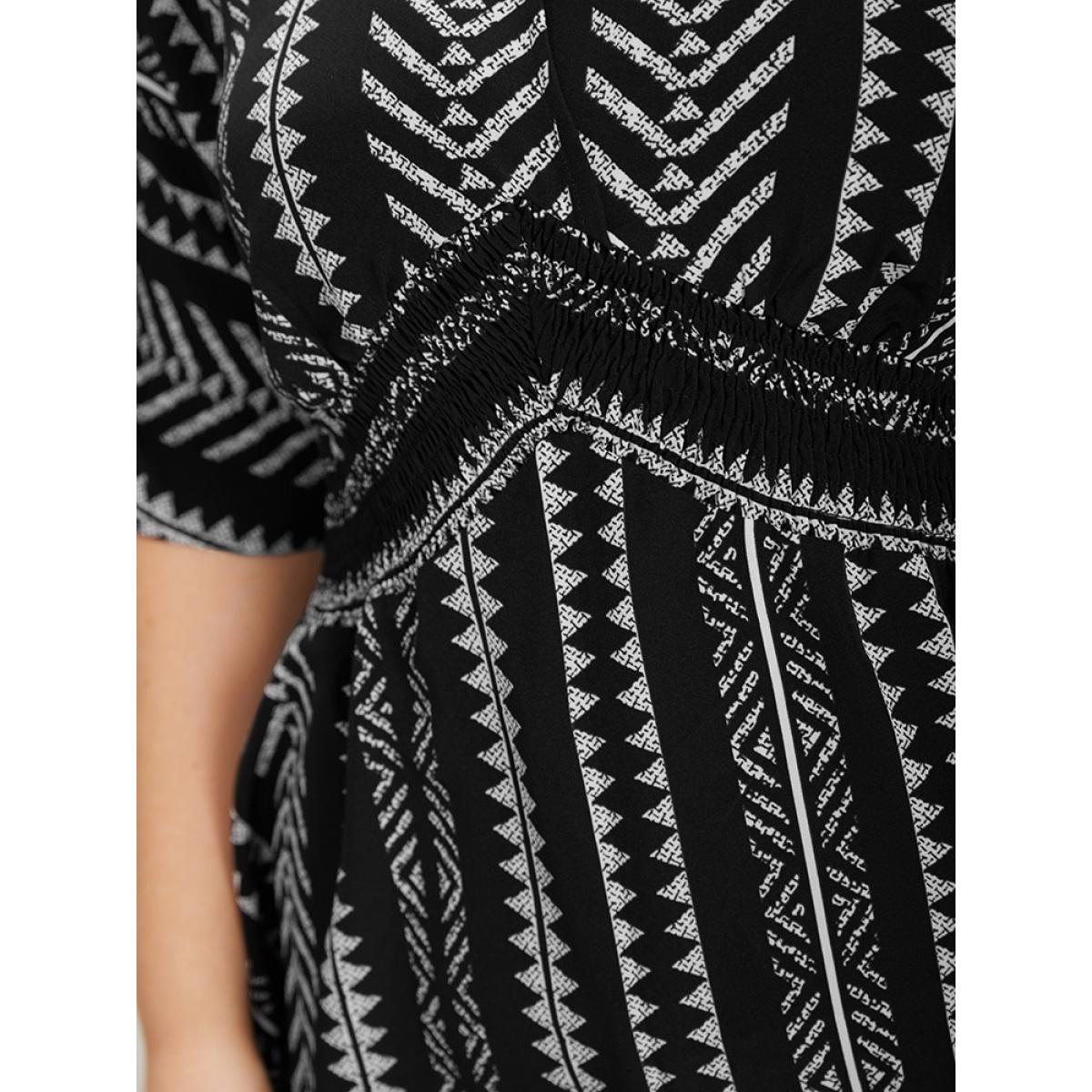 Plus Size Black Bandana Print High Low Hem Patchwork Blouse Women Elegant Short sleeve Deep V-neck Vacation Blouses BloomChic 14-16/1X Product Image