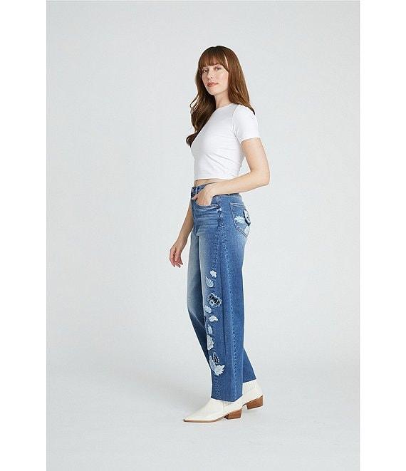 Driftwood Parker Stretch Denim Floral Foliage Embroidered Wide Leg Jeans Product Image