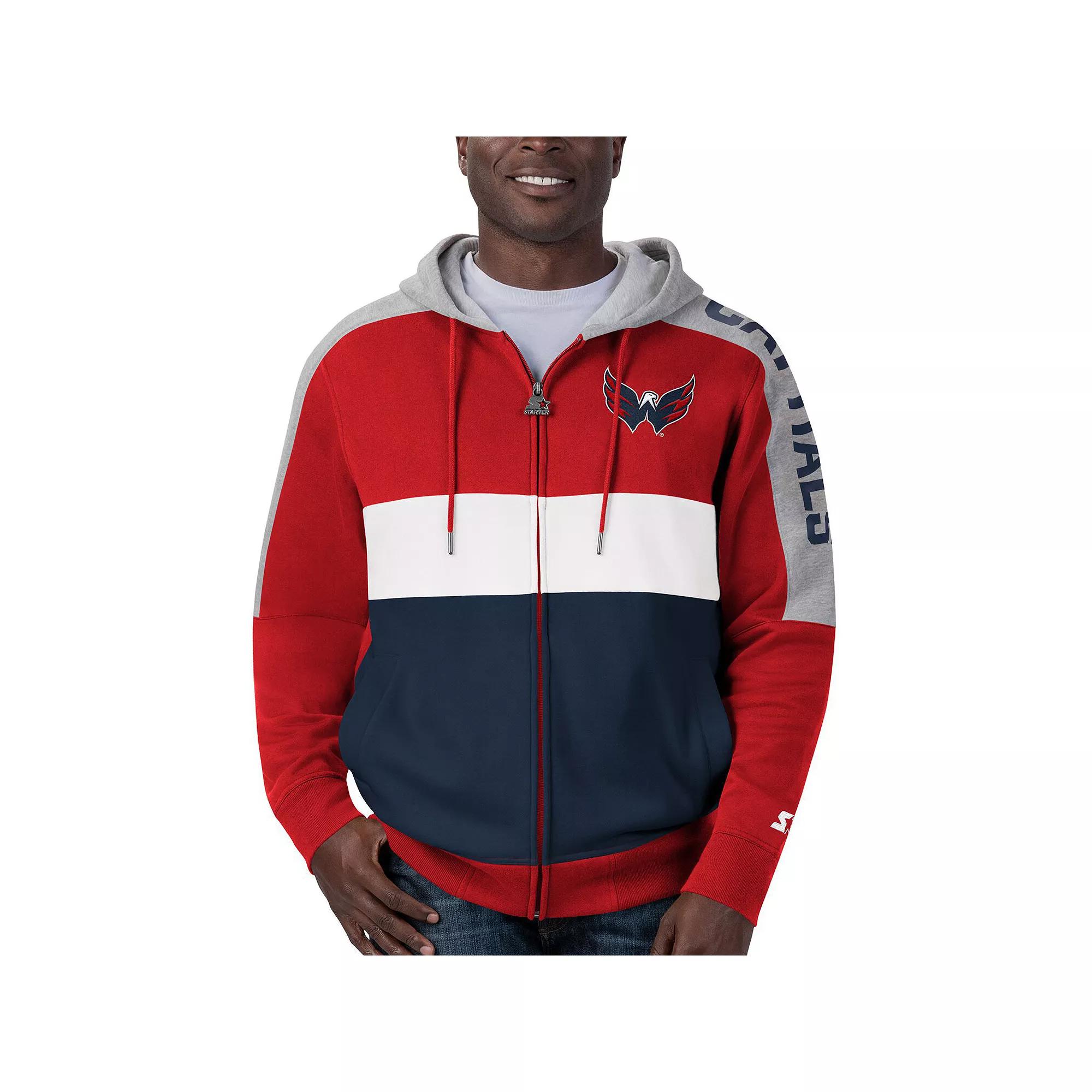 Men's Starter Red/Navy Washington Capitals Playoffs Color Block Full-Zip Hoodie, Size: XL Product Image