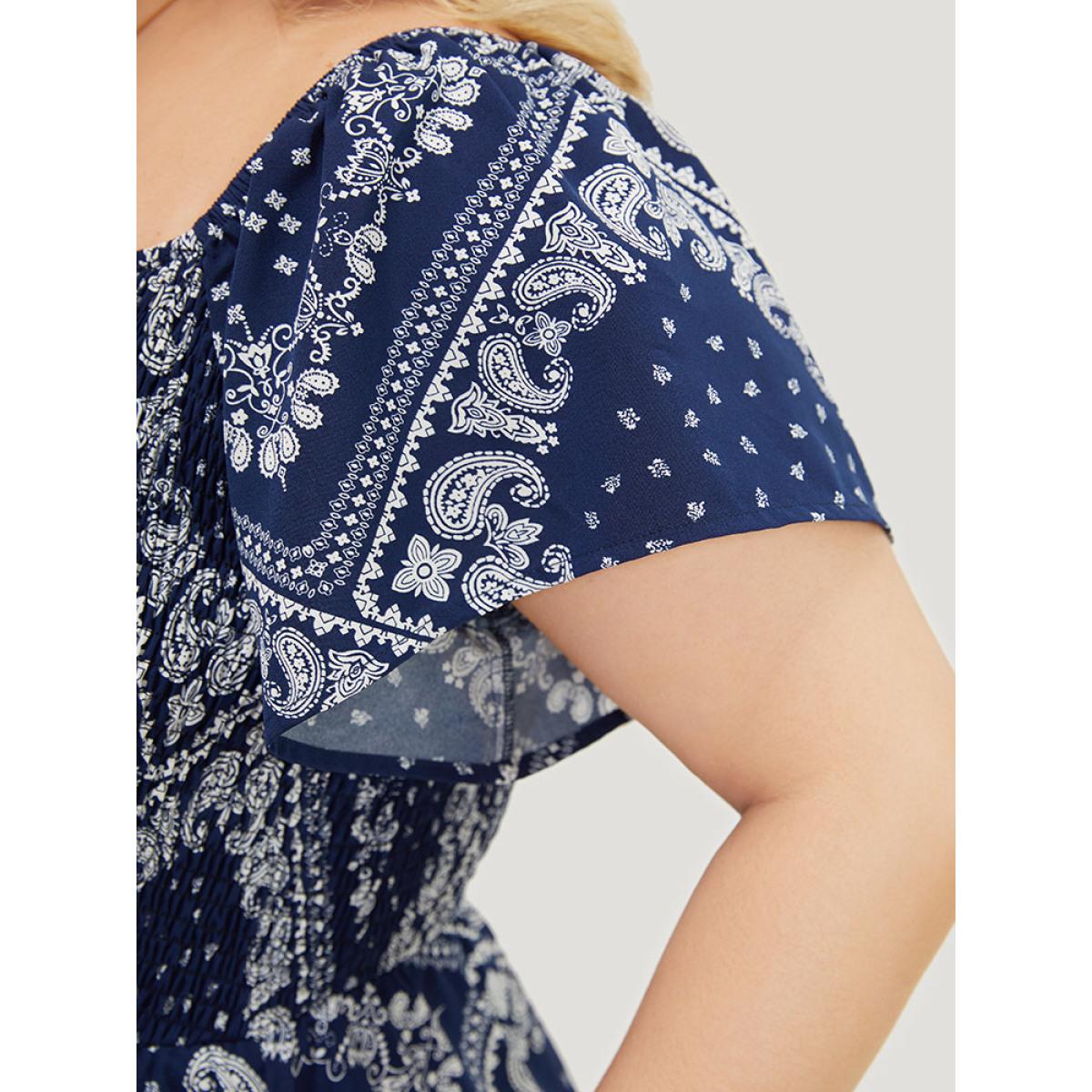 Plus Size Paisley & Moroccan Print Pocket Shirred Square Neck Split Dress DarkBlue Women Vacation Slit One-shoulder neck Short sleeve Curvy Midi Dress BloomChic 30/6X Product Image