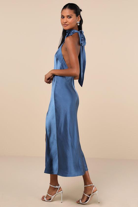 Exceptional Status Blue Halter Backless Slip Midi Dress Product Image