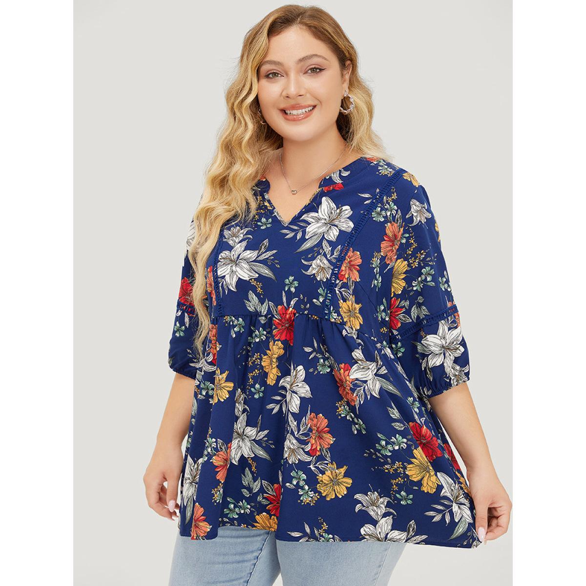 Plus Size Indigo Floral Lantern Sleeve Lace Gathered Notched Blouse Women Elegant Elbow-length sleeve Notched collar Dailywear Blouses BloomChic 26/4X Product Image