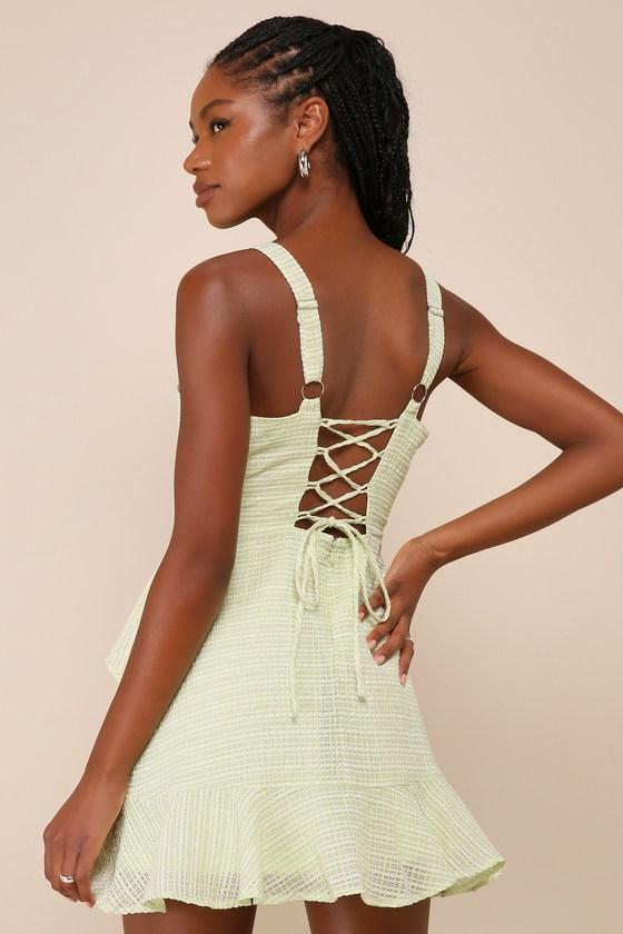 Happy Cutie Lime Green and White Plaid Burnout Mini Dress Product Image