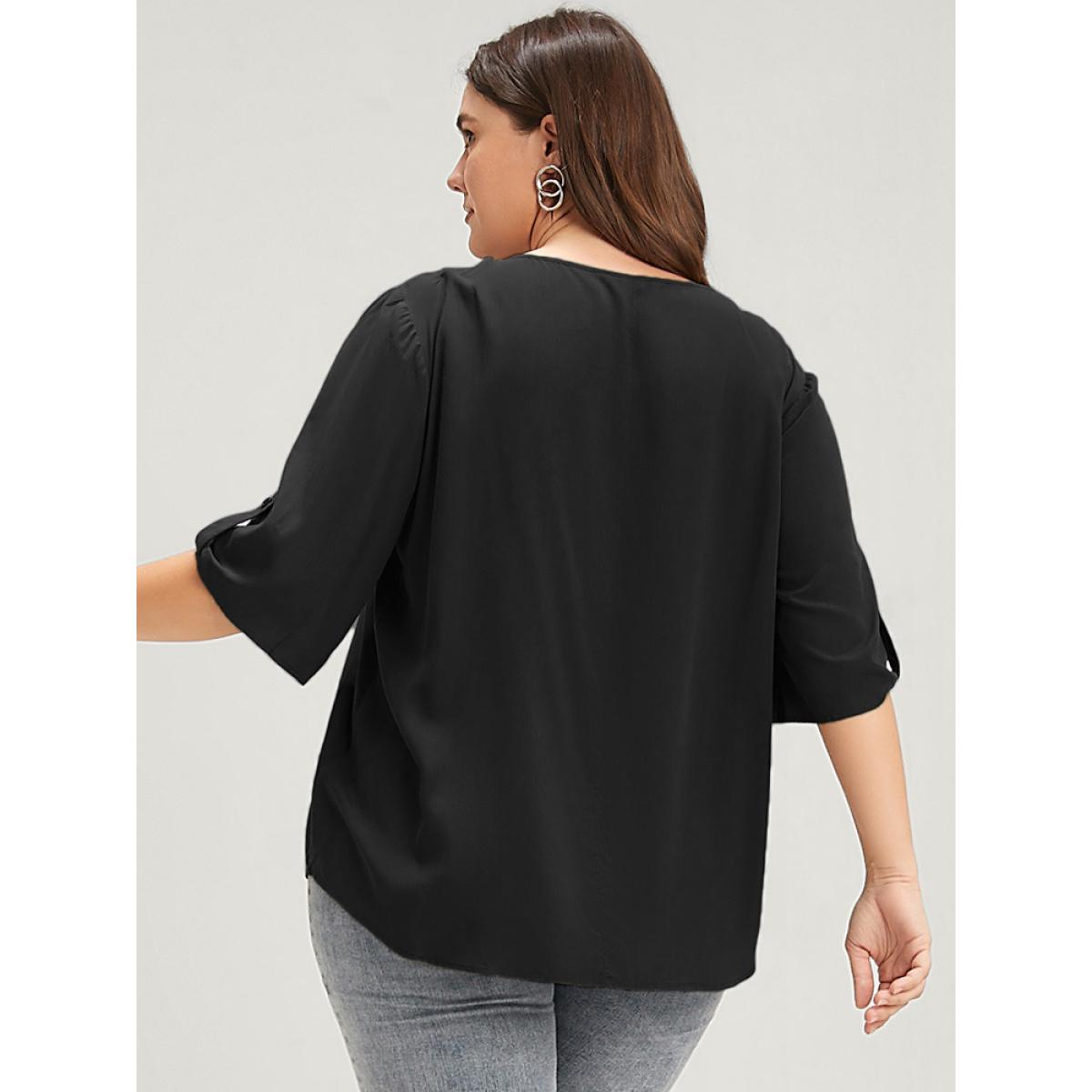 Plus Size Black Solid Button Pleated Round Neck Blouse Women Office Short sleeve Round Neck Office Blouses BloomChic 12/L Product Image