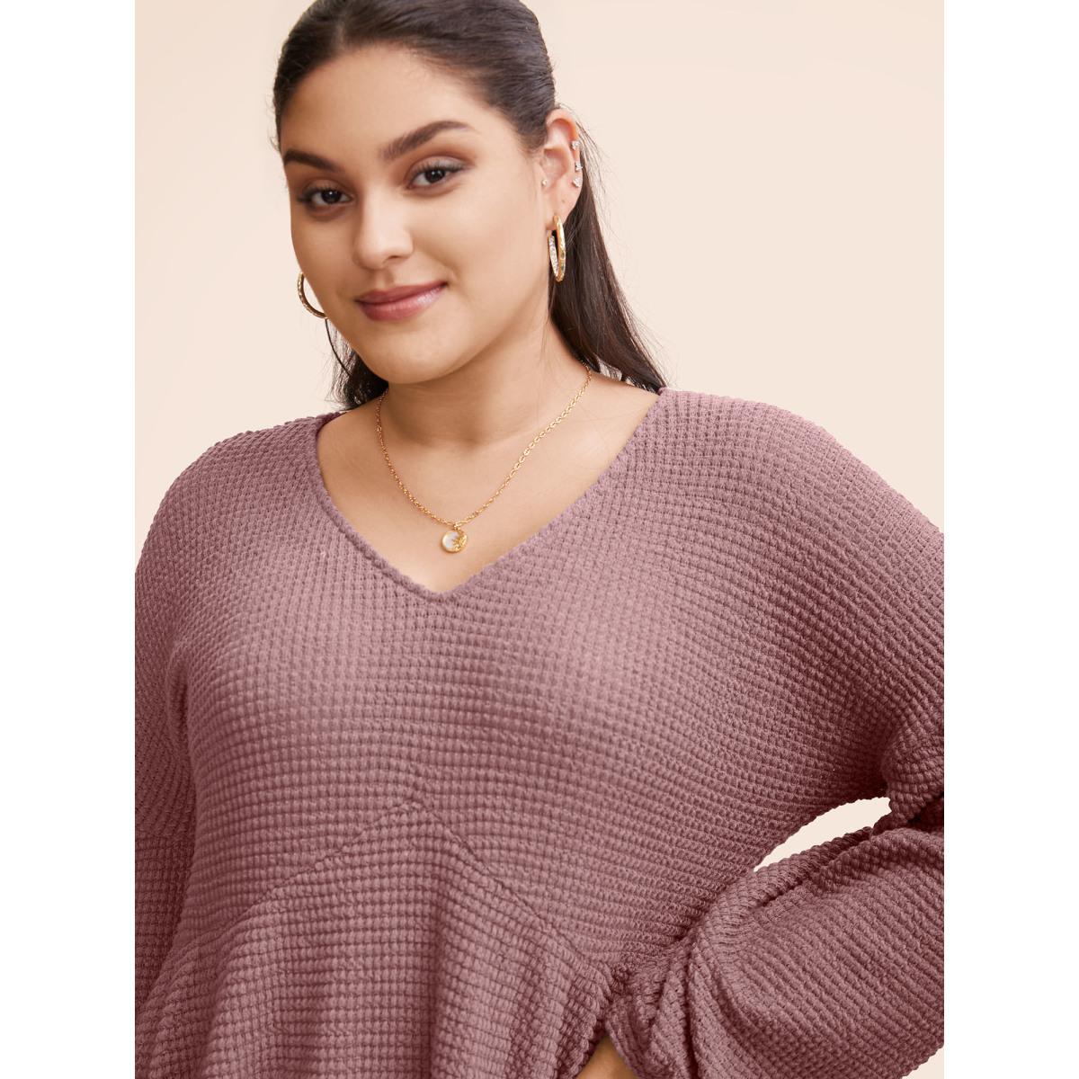 Plus Size Waffle Knit Lantern Sleeve Flutter Hem Sweatshirt Women DustyPink Elegant Texture V-neck Dailywear Sweatshirts BloomChic 10/M Product Image