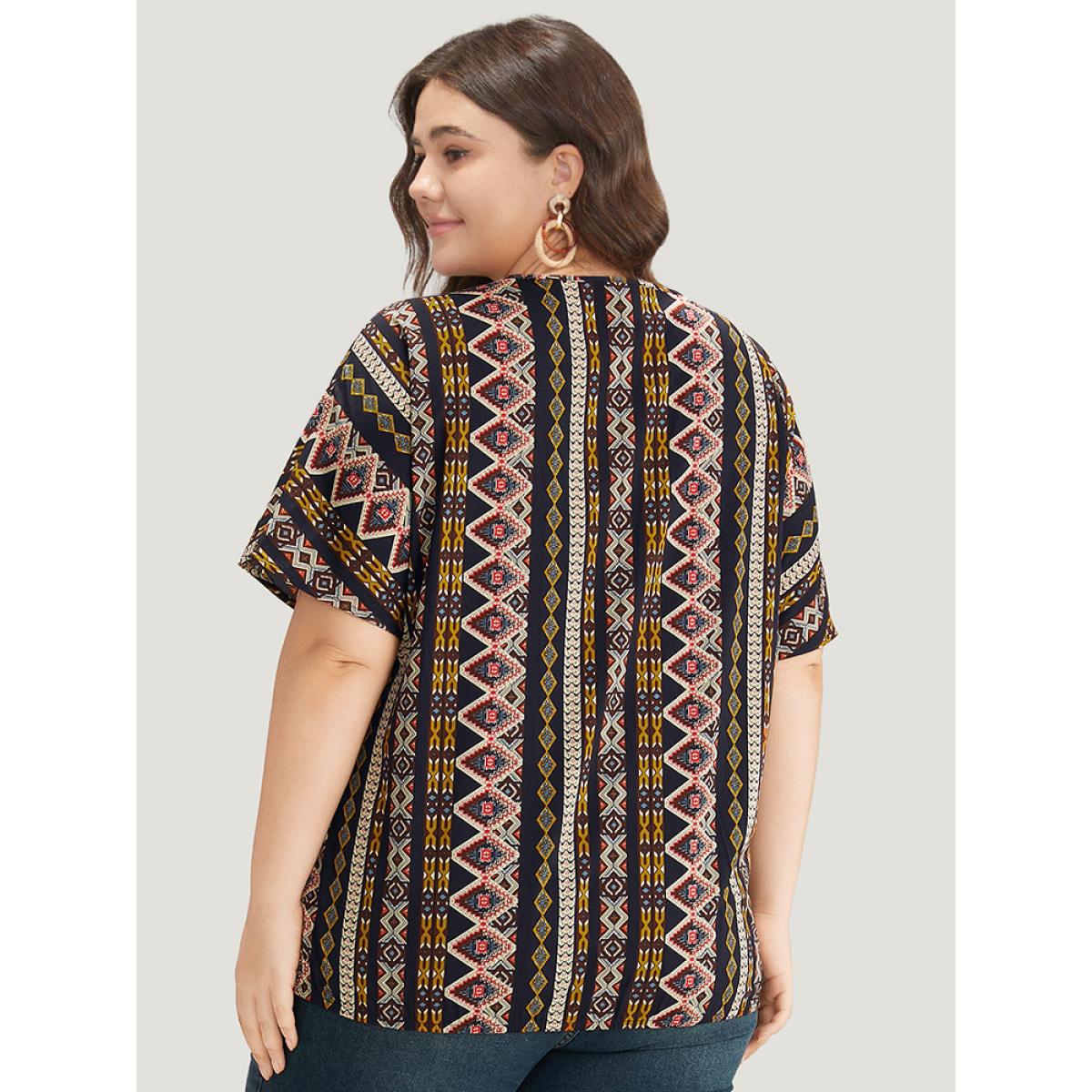 Plus Size Indigo Boho Print V Neck Wrap Blouse Women Vacation Short sleeve V-neck Dailywear Blouses BloomChic 26/4X Product Image