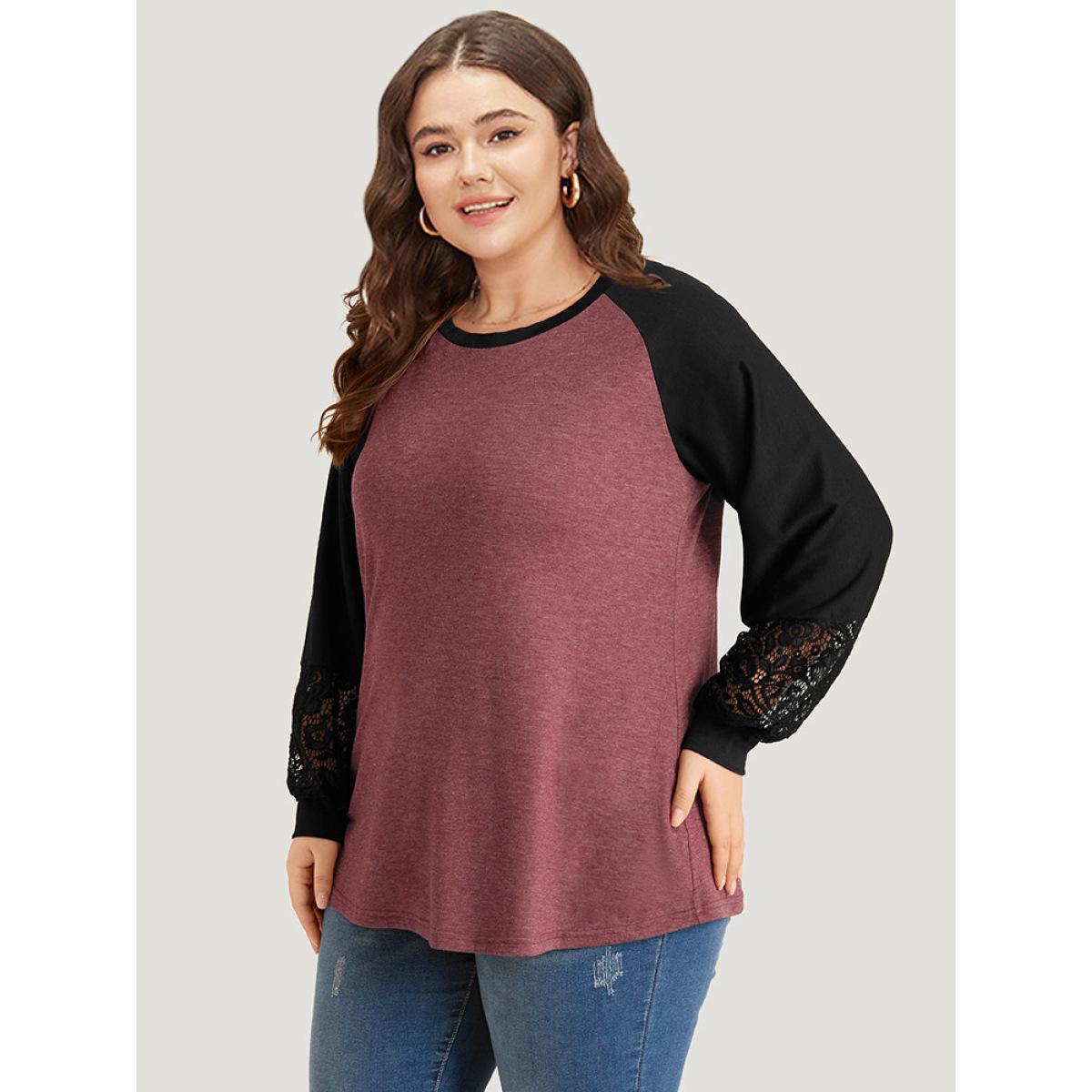 Plus Size Round Neck Lace Patchwork Raglan Sleeve T-shirt Russet Women Elegant Elastic cuffs Plain Round Neck Dailywear T-shirts BloomChic 28/5X Product Image