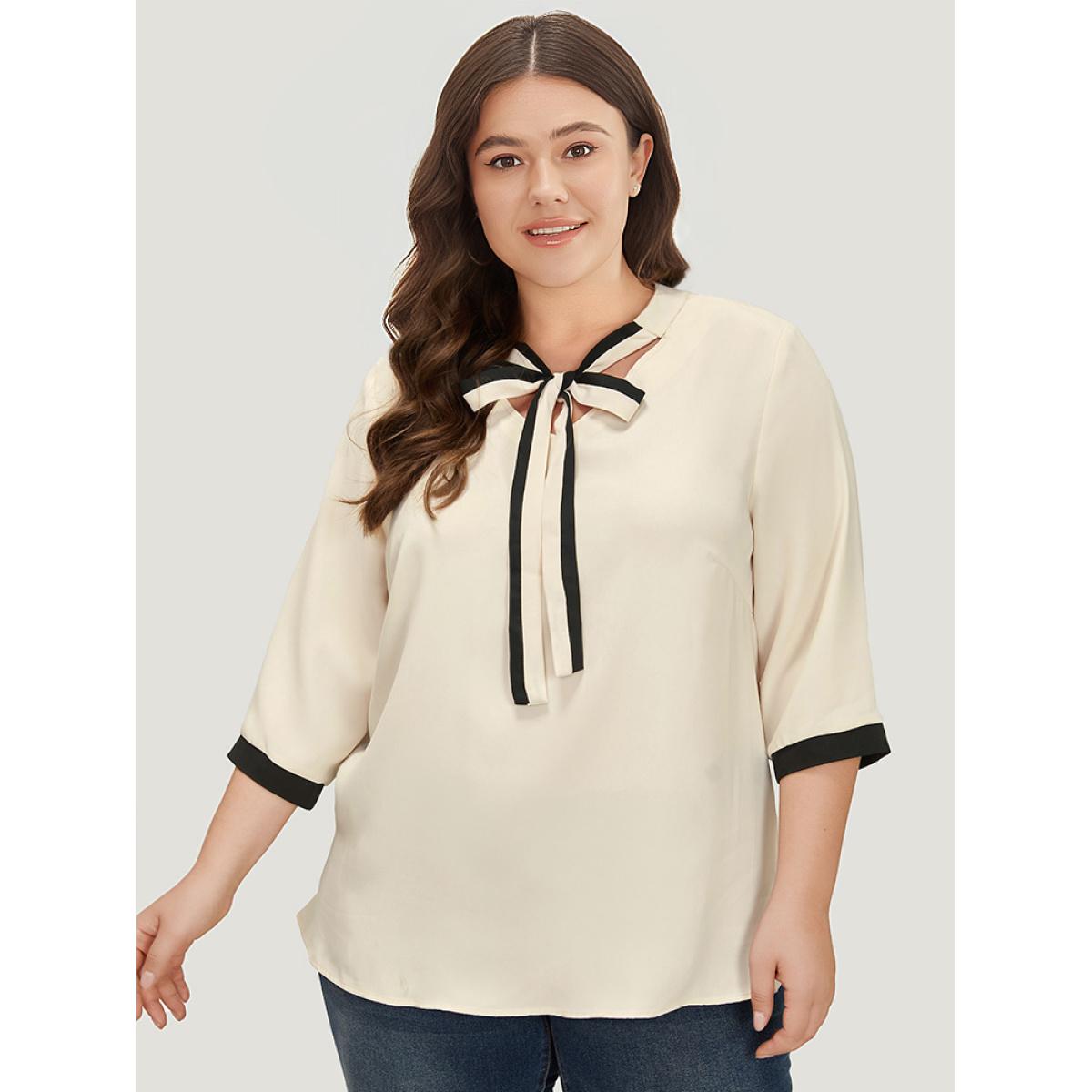 Plus Size Ivory Contrast Trim Knot Neck Blouse Women Office Elbow-length sleeve Tie Neck Work Blouses BloomChic 22-24/3X Product Image
