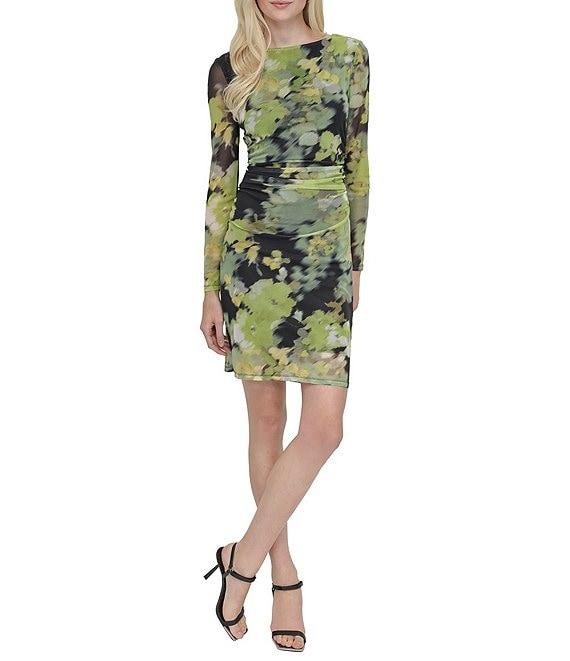 DKNY by Donna Karan Mesh Floral Print Crew Neck Long Sleeve Ruched Sheath Mini Dress Product Image