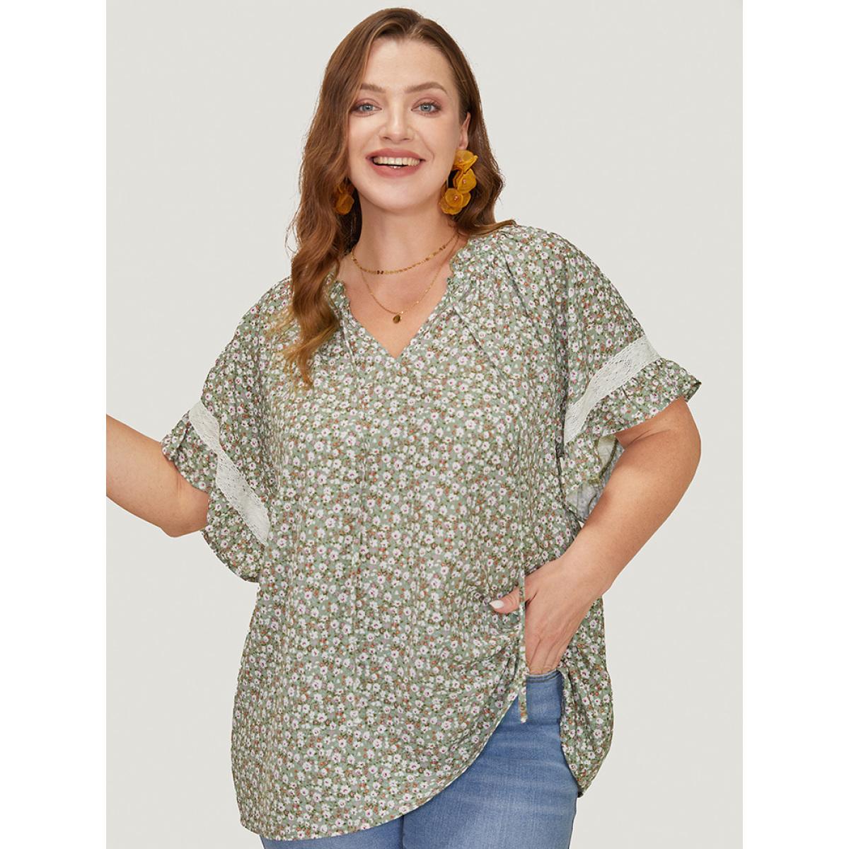 Plus Size Sage Ditsy Floral Frill Trim Lace Ruffle Sleeve Tie Neck Blouse Women Elegant Short sleeve Tie Neck Dailywear Blouses BloomChic 14-16/1X Product Image