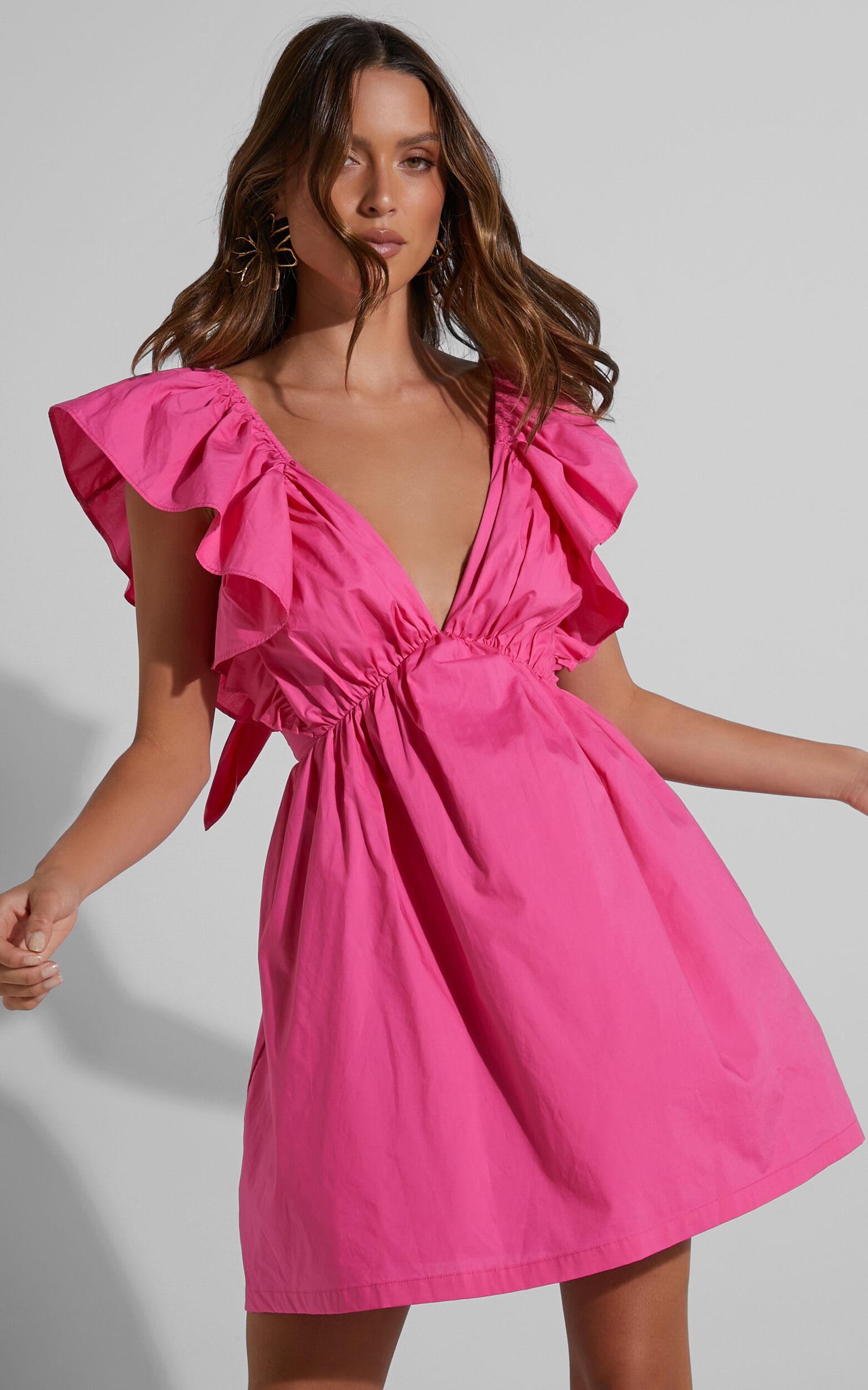 Raiza Mini Dress - Ruffle Sleeve Tie Back Plunge Dress in Fuchsia Product Image