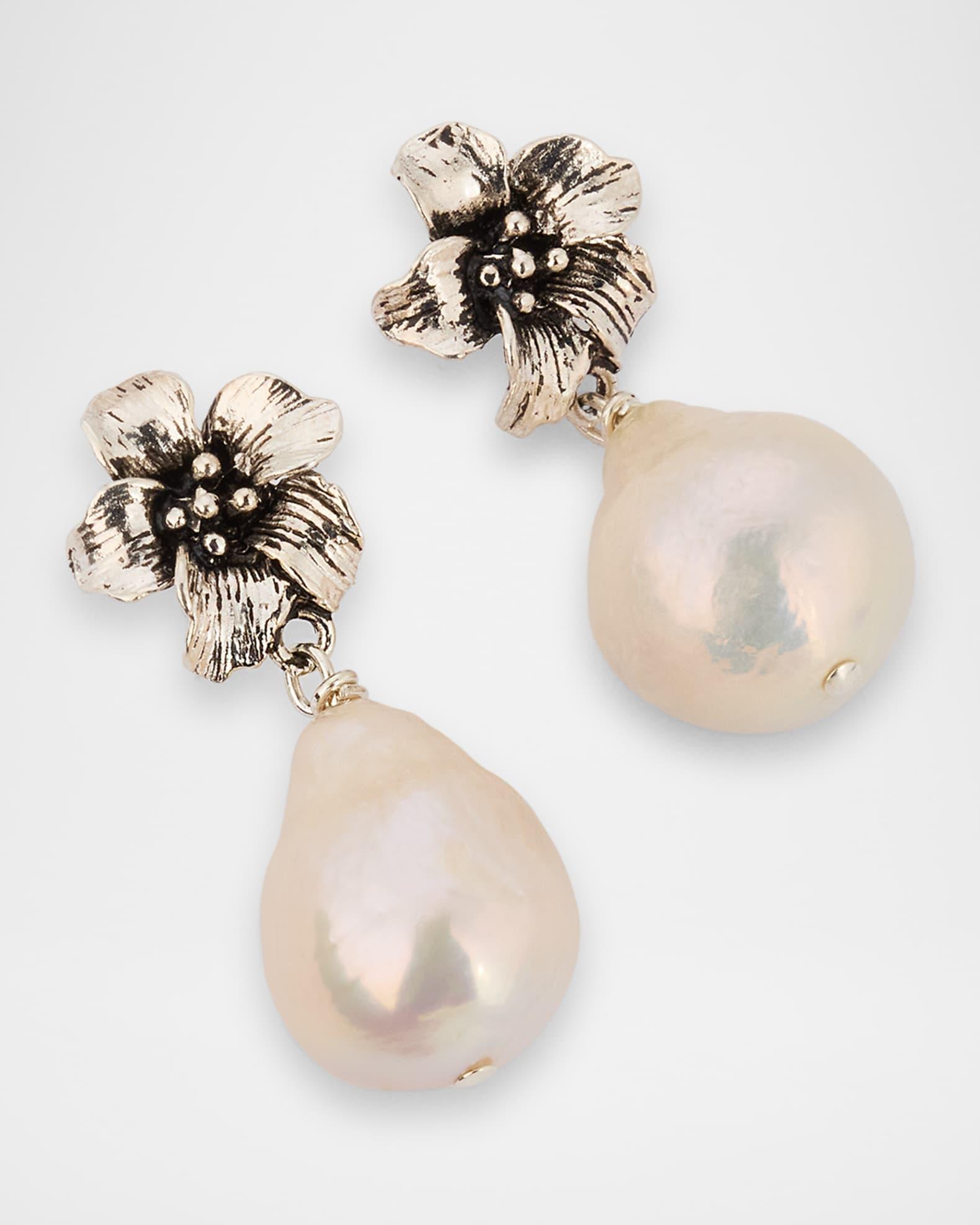 Sterling Silver Flower and Cultured Pearl Drop Earrings Product Image
