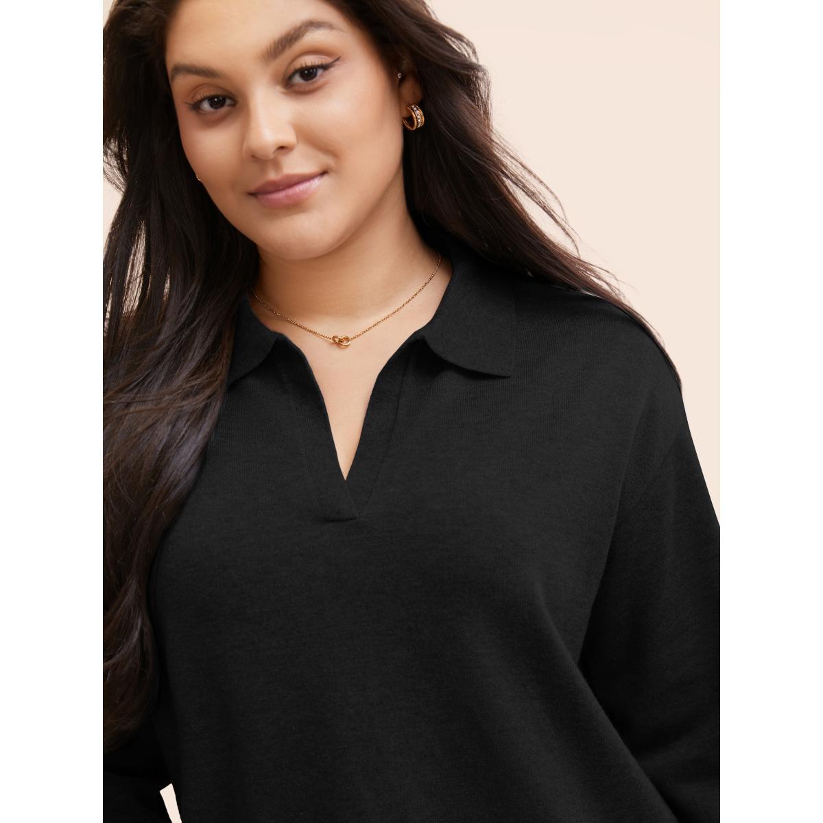 Plus Size Polo Neck Drop Shoulder Sleeve Soft Pullover Black Women Casual Long Sleeve Polo Everyday Pullovers BloomChic 26/4X Product Image