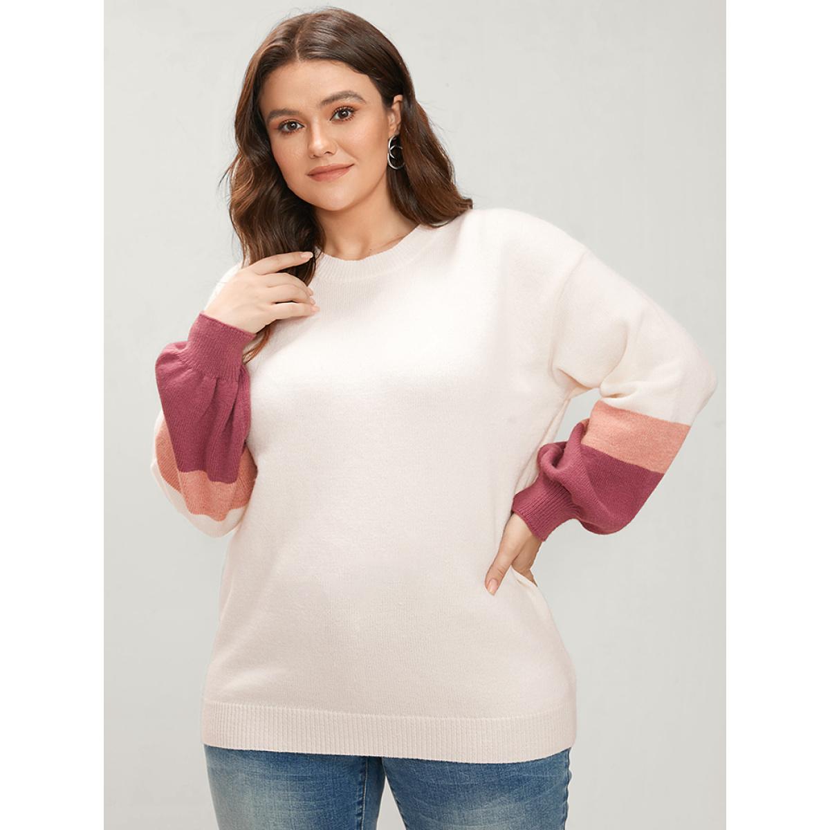 Plus Size Colorblock Contrast Soft Pointelle Knit Lantern Sleeve Knit Top Ivory Women Casual Loose Long Sleeve Round Neck Dailywear Pullovers BloomChic 28/5X Product Image