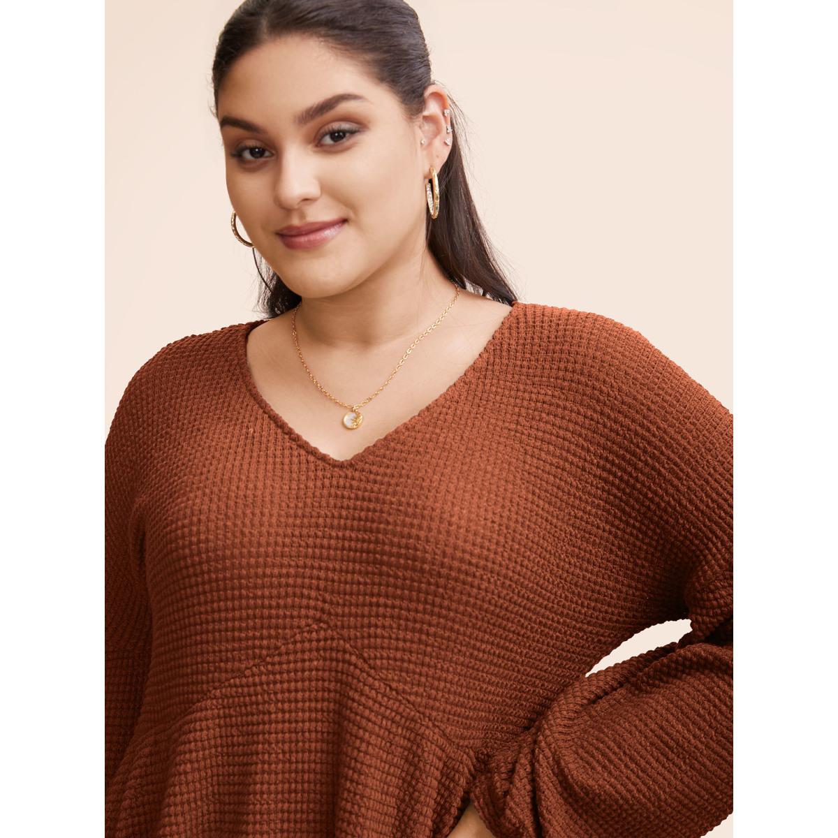 Plus Size Waffle Knit Lantern Sleeve Flutter Hem Sweatshirt Women Chocolate Elegant Texture V-neck Dailywear Sweatshirts BloomChic 10/M Product Image