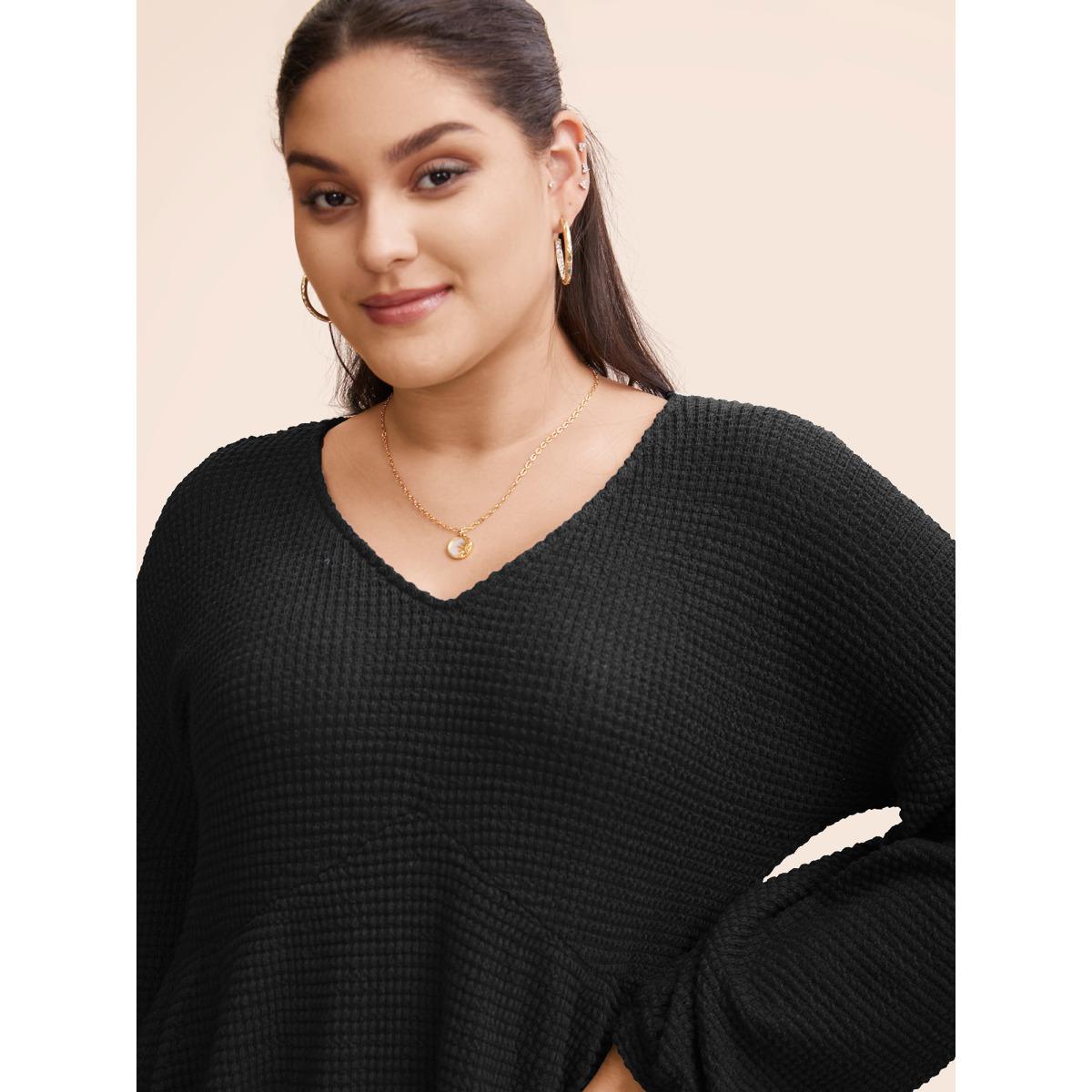 Plus Size Waffle Knit Lantern Sleeve Flutter Hem Sweatshirt Women Black Elegant Texture V-neck Dailywear Sweatshirts BloomChic 14-16/1X Product Image