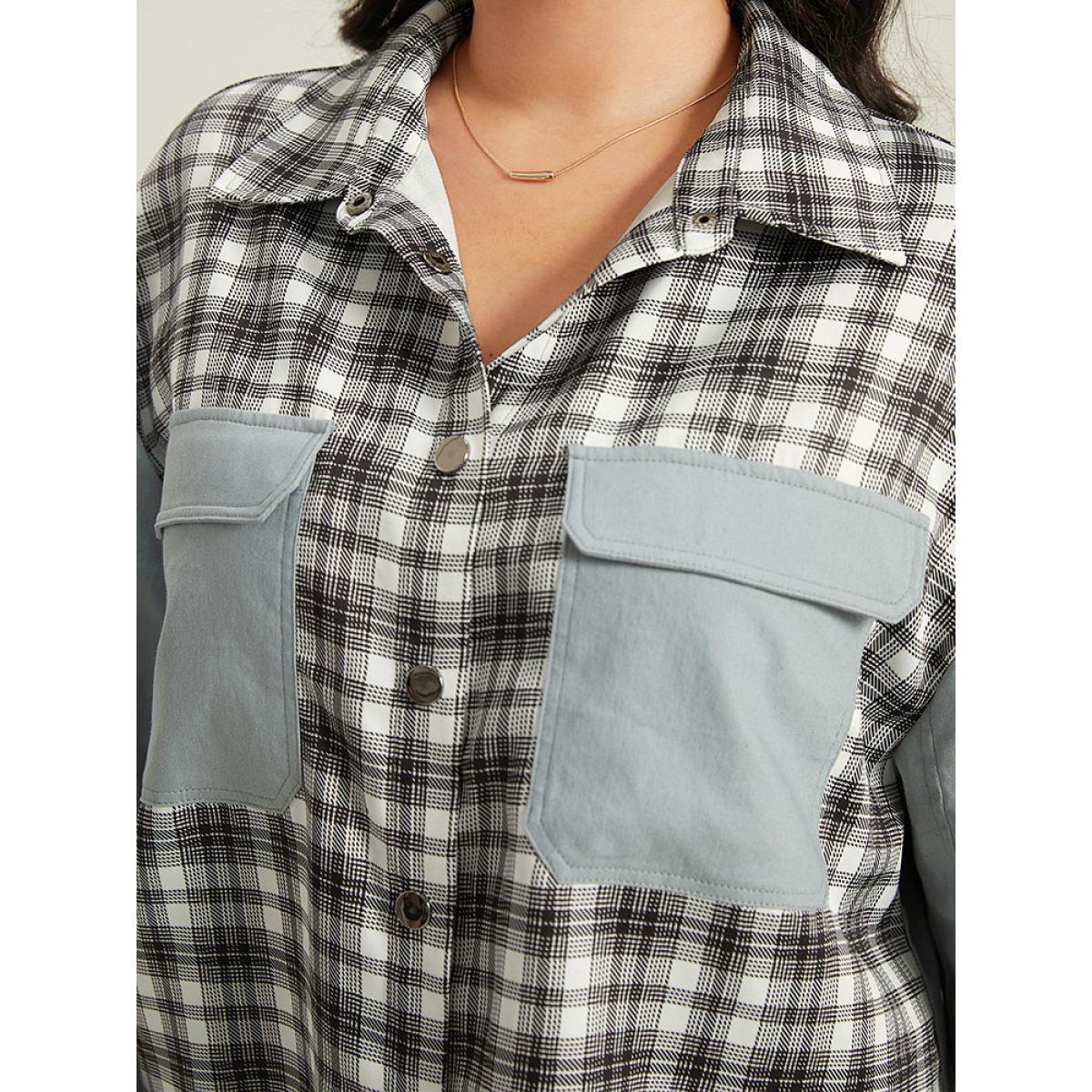 Plus Size Plaid Pocket Patchwork Contrast Coat Women LightBlue Casual Contrast Ladies Everyday Winter Coats BloomChic 14-16/1X Product Image