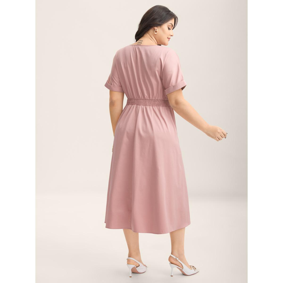 Plus Size Shirred Back Waist Pockets Midi Dress Watermelon Women Flat collar with V-notch Short sleeve Curvy BloomChic 14-16/1X Product Image