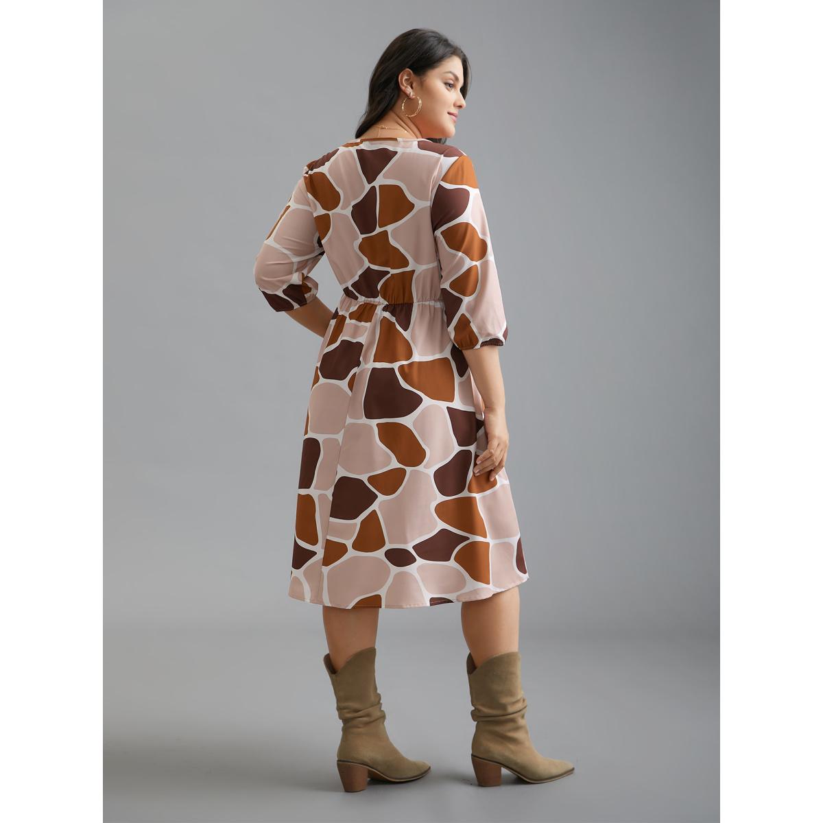 Plus Size Neck-Tie Color Block Waist Cinched Dress Multicolor Women Casual Tie knot V-neck Elbow-length sleeve Curvy BloomChic 10/M Product Image