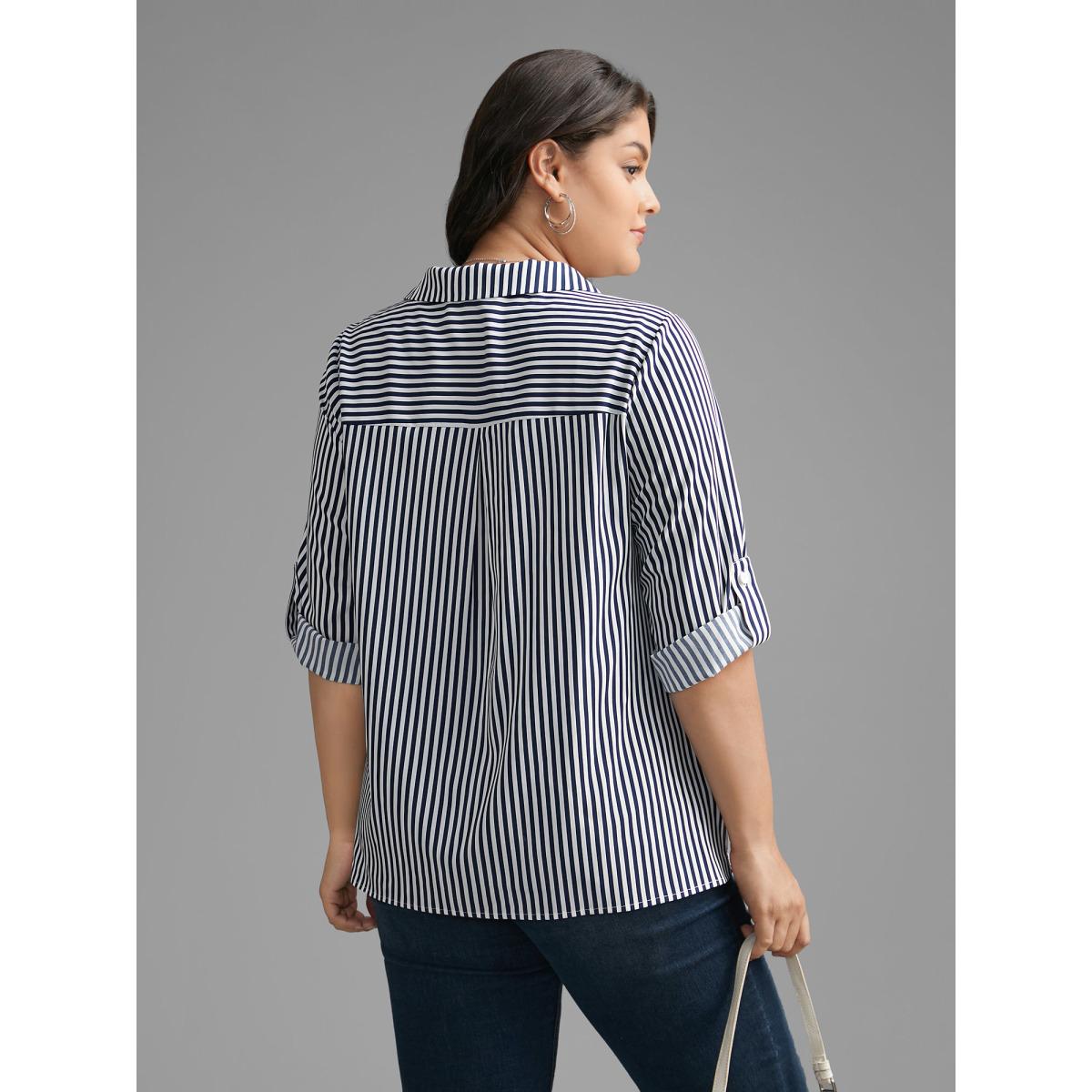Plus Size Indigo Striped Button Cuff Sleeve Split Hem Blouse Women At the Office Elbow-length sleeve Shirt collar Work Blouses BloomChic 12/L Product Image