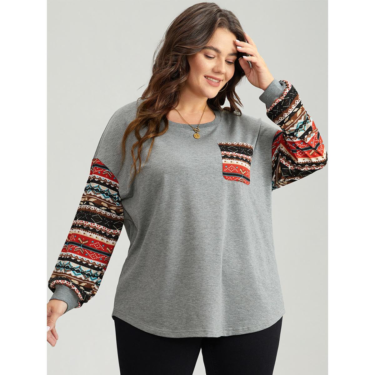 Plus Size Bandana Print Patchwork Patched Pocket Sweatshirt Women Gray Casual Elastic cuffs Round Neck Festival-Christmas Sweatshirts BloomChic 22-24/3X Product Image