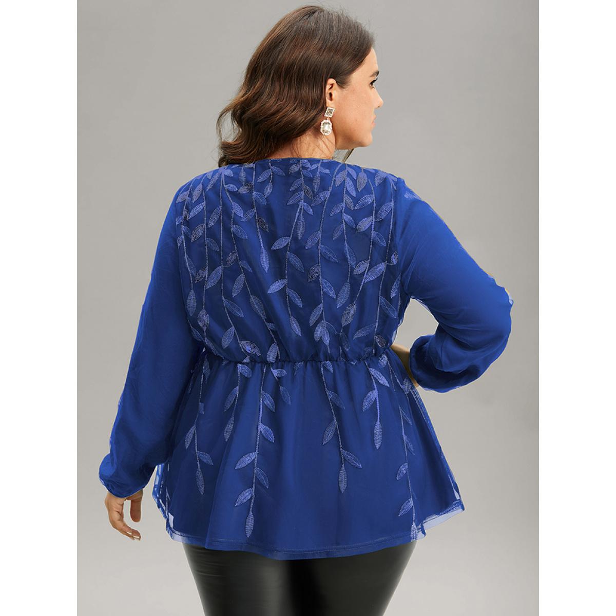 Plus Size Blue Leaves Embroidered Sequin Tiered Mesh Blouse Women Glamour Long Sleeve V-neck Party Blouses BloomChic 26/4X Product Image