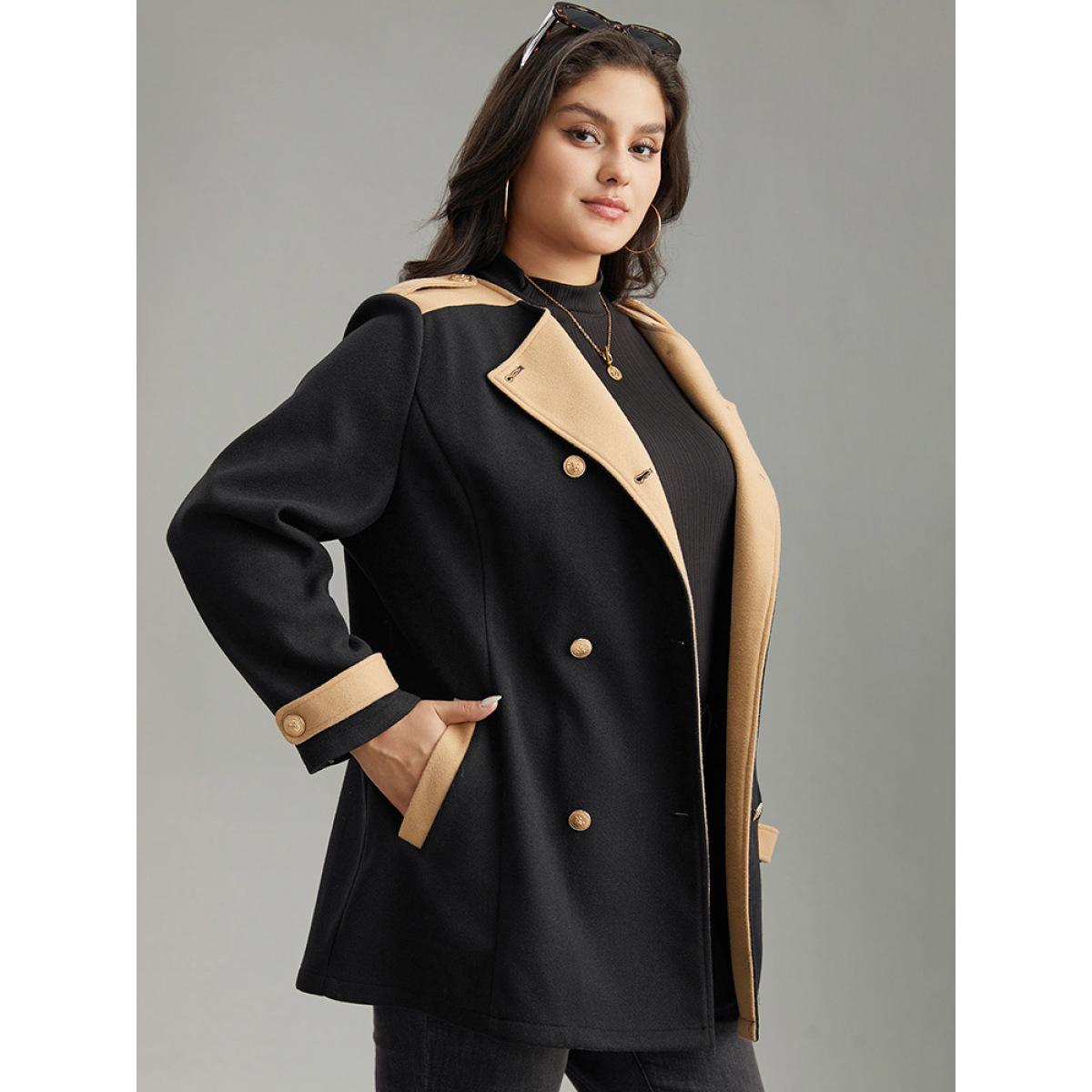 Plus Size Lapel Collar Patchwork Double Breasted Pocket Coat Women Black Casual Contrast Ladies Dailywear Winter Coats BloomChic 18-20/2X Product Image