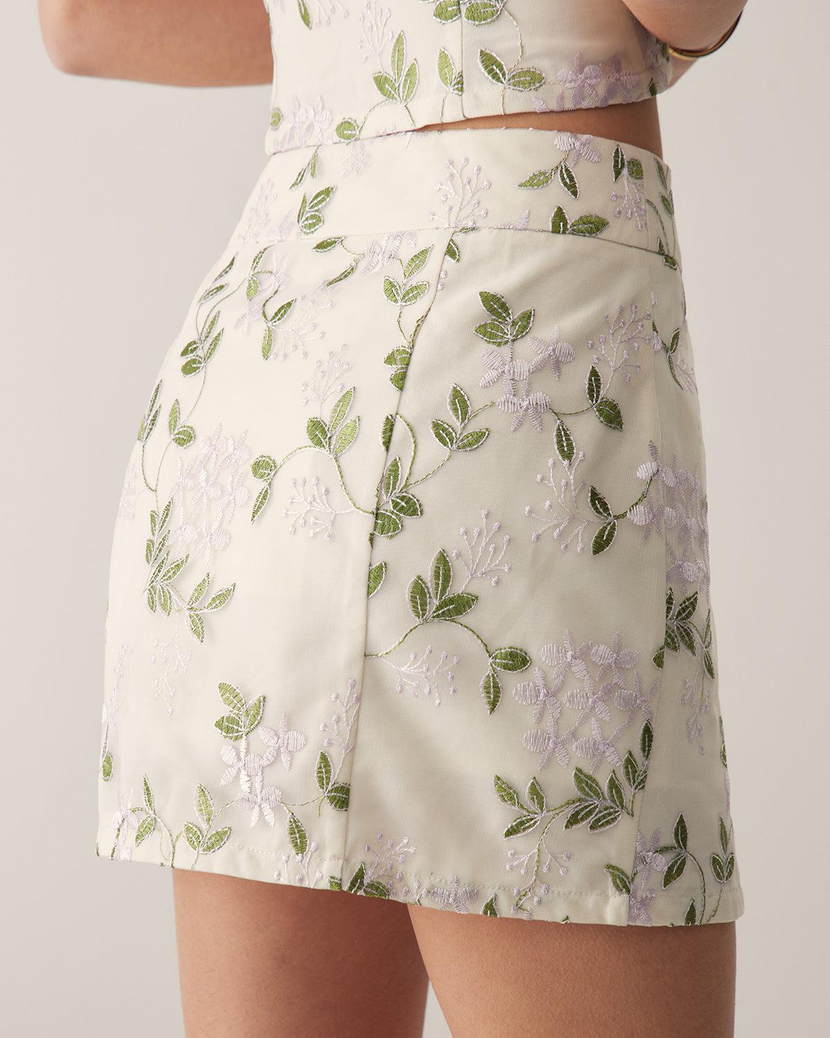 Beige Floral Straight Mini Skirt Product Image