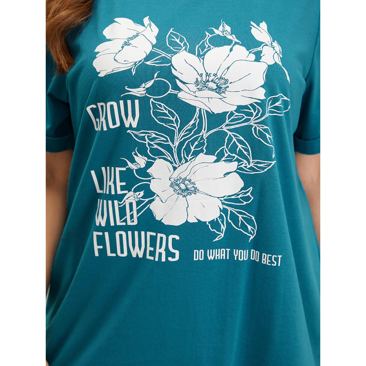 Plus Size Floral & Letter Roll Sleeve T-shirt Cerulean Women Casual Printed Natural Flowers Dailywear T-shirts BloomChic 26/4X Product Image