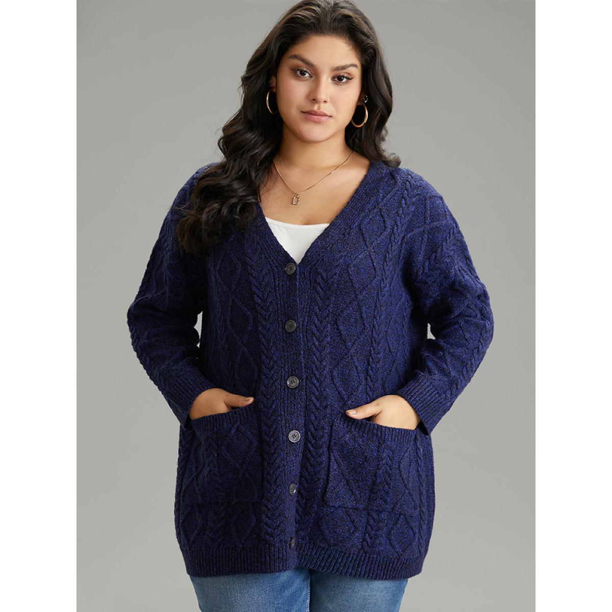 Plus Size Plain Geometric Texture Button Up Cable Knit Cardigan Midnight Women Casual Loose Long Sleeve Dailywear Cardigans BloomChic 14-16/1X Product Image