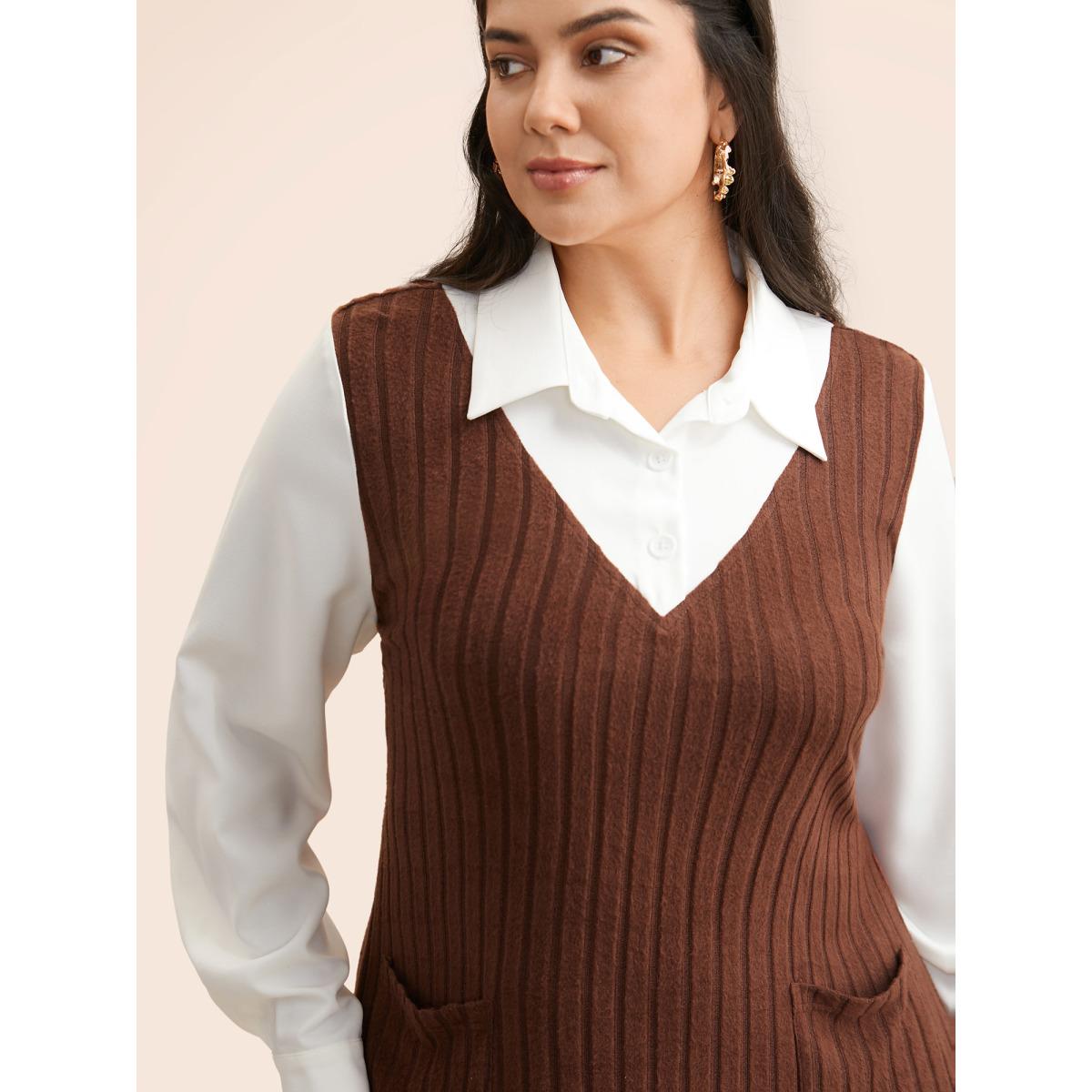 Plus Size Shirt Collar Rib Knit Patchwork Dress Browncoffeecolor Women Casual Texture Shirt collar Long Sleeve Curvy BloomChic 10/M Product Image