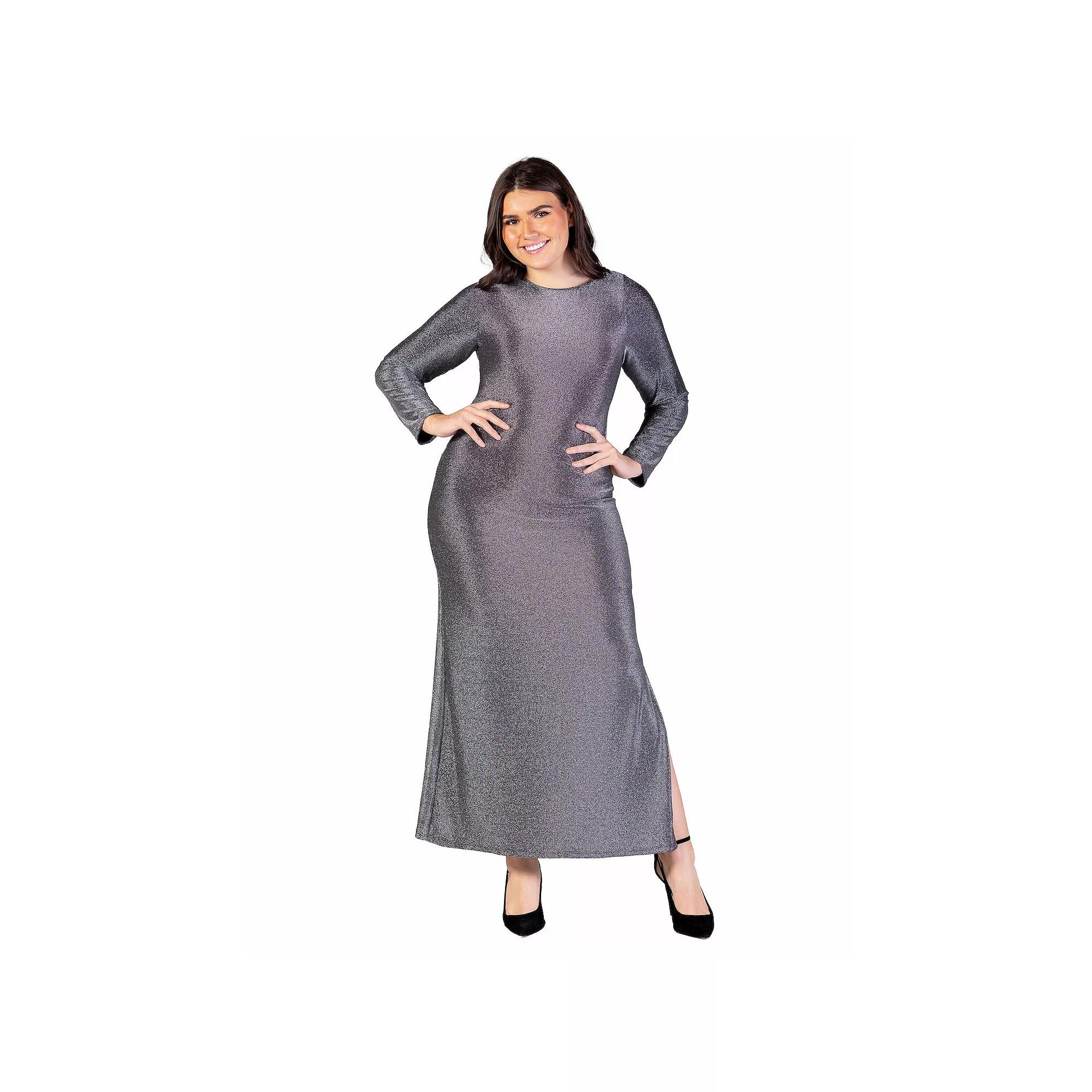 Plus Size 24Seven Comfort Apparel Fitted Long Sleeve Shimmery Fabric Side Slit Maxi Dress, Women's, Size: 2XL, Silver Product Image